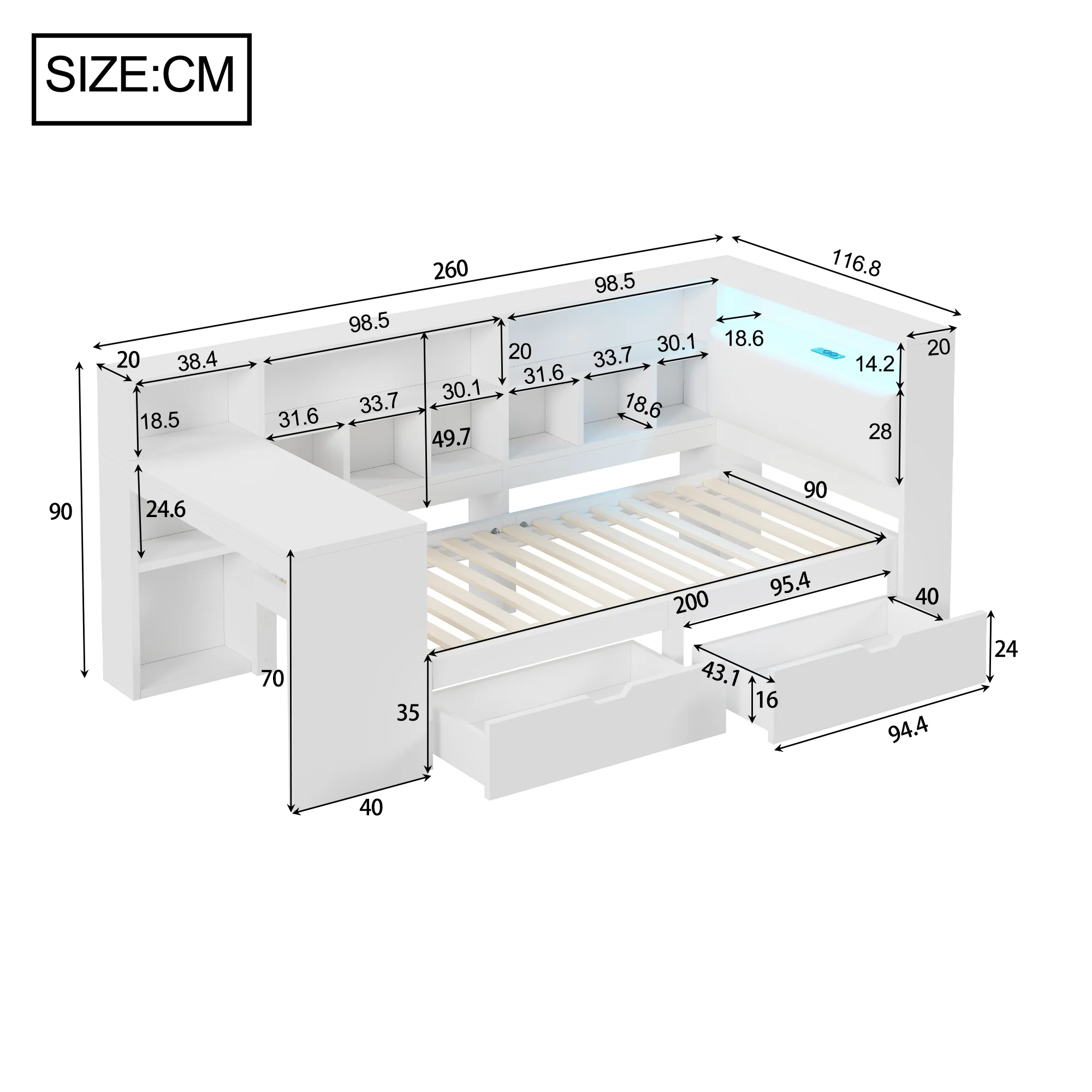 L-Shaped Platform Bed 90x200 Desk Bookshelf Drawers LED - White - Image 7