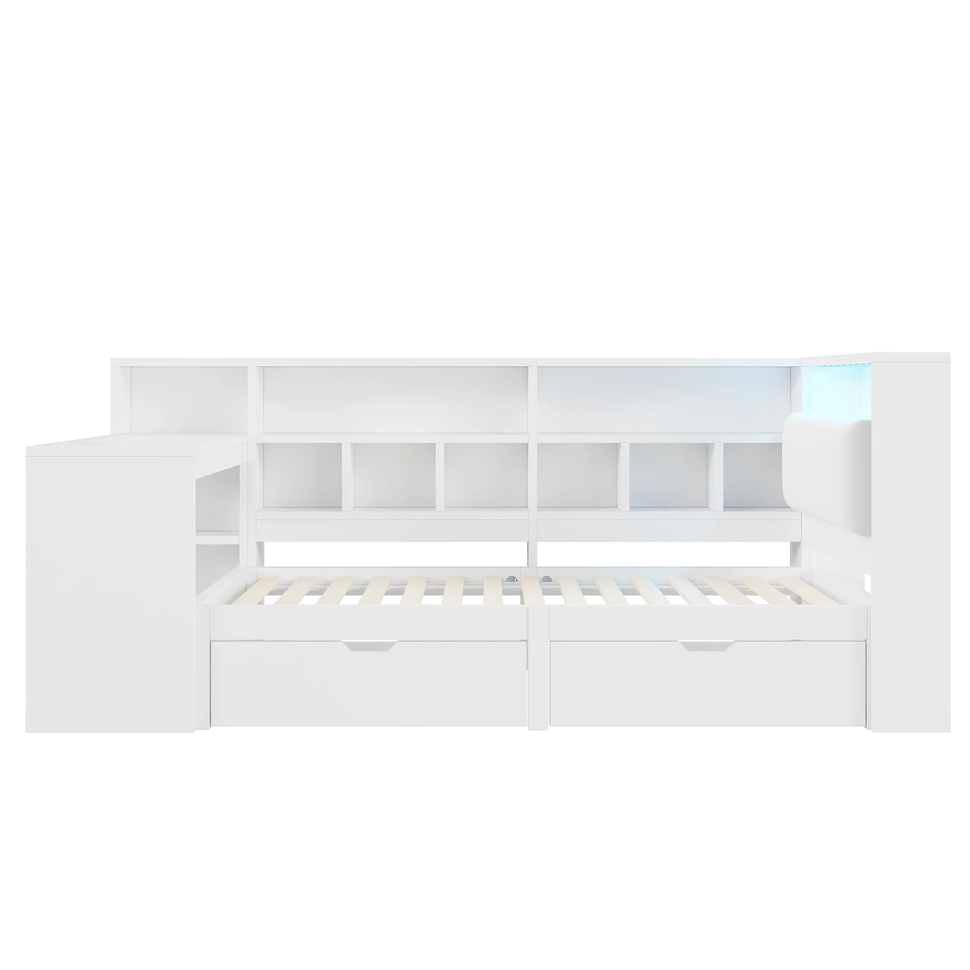 L-Shaped Platform Bed 90x200 Desk Bookshelf Drawers LED - White - Image 8
