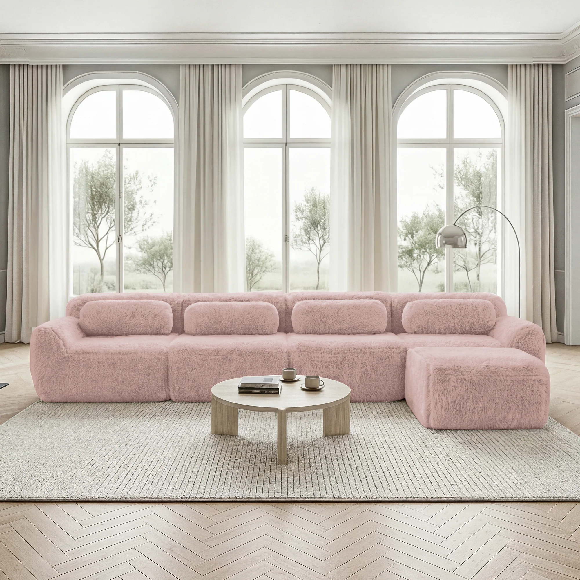 L-Shaped Sofa 4-Seater Modular Chaise Longue - Premium Plush Pink - Image 2