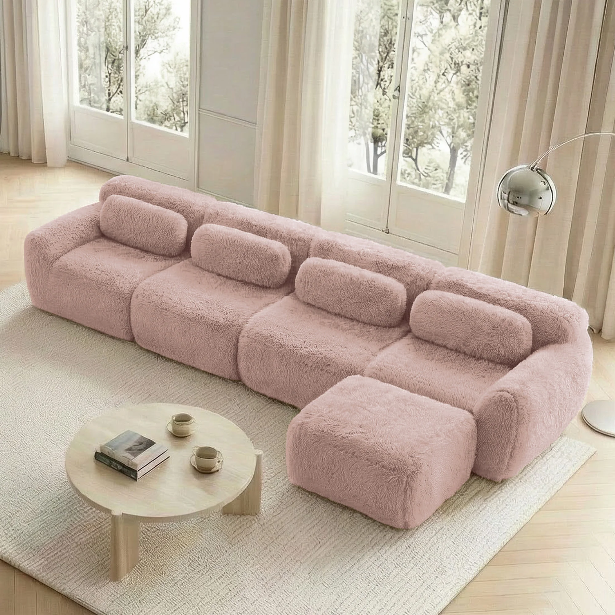 L-Shaped Sofa 4-Seater Modular Chaise Longue - Premium Plush Pink - Image 3