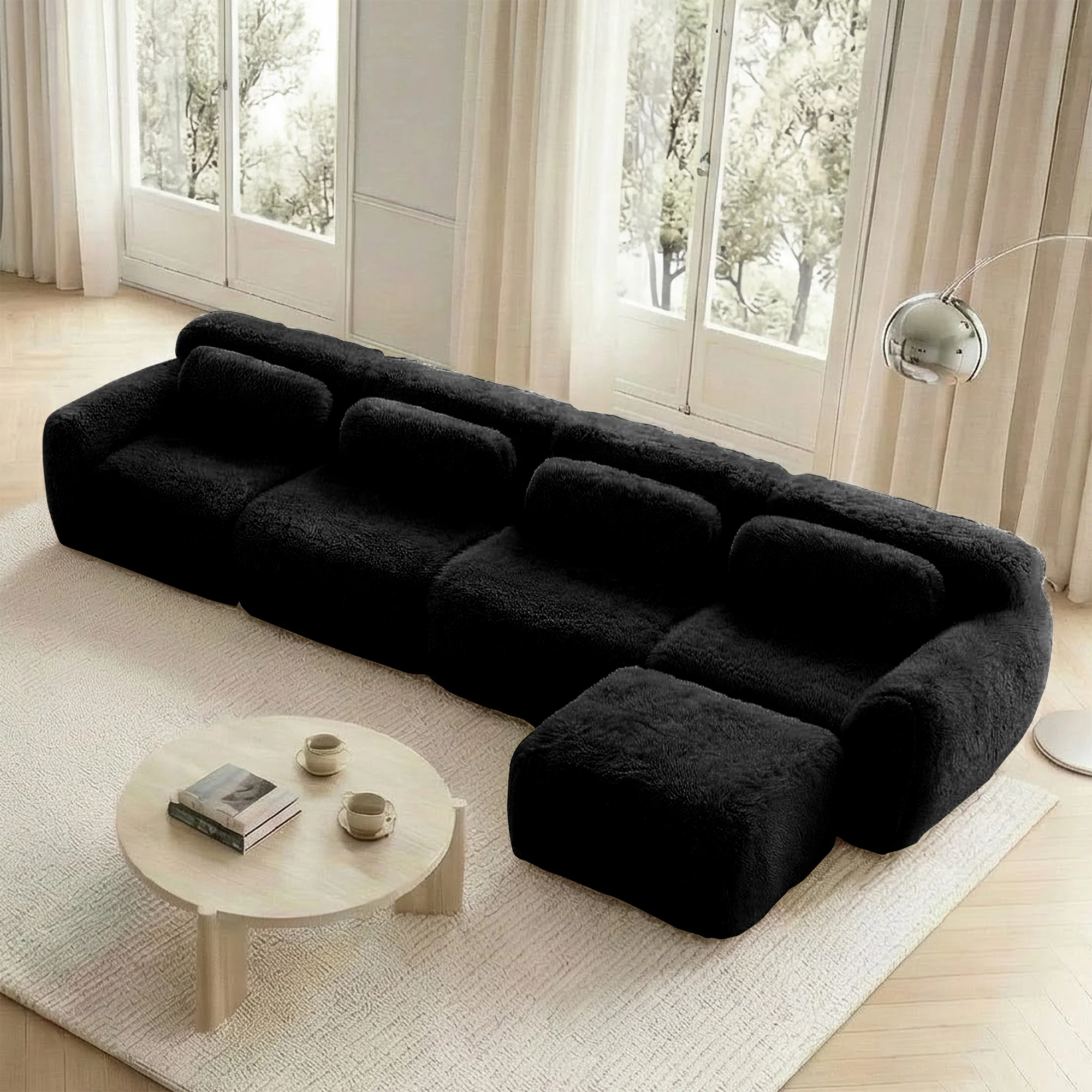 L-Shaped Sofa 4-Seater Modular Chaise No Assembly - Plush Fabric Black - Image 3