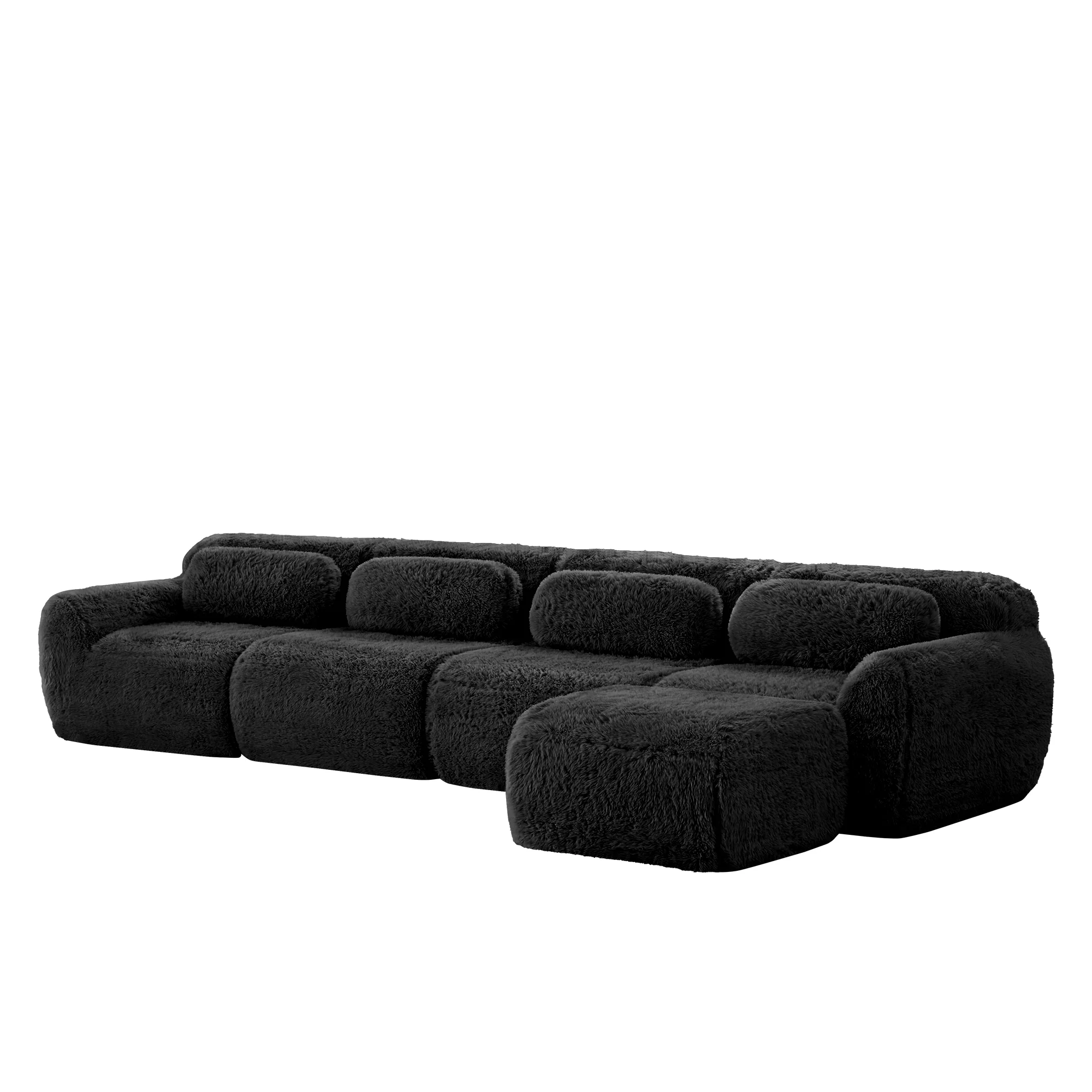 L-Shaped Sofa 4-Seater Modular Chaise No Assembly - Plush Fabric Black - Image 4