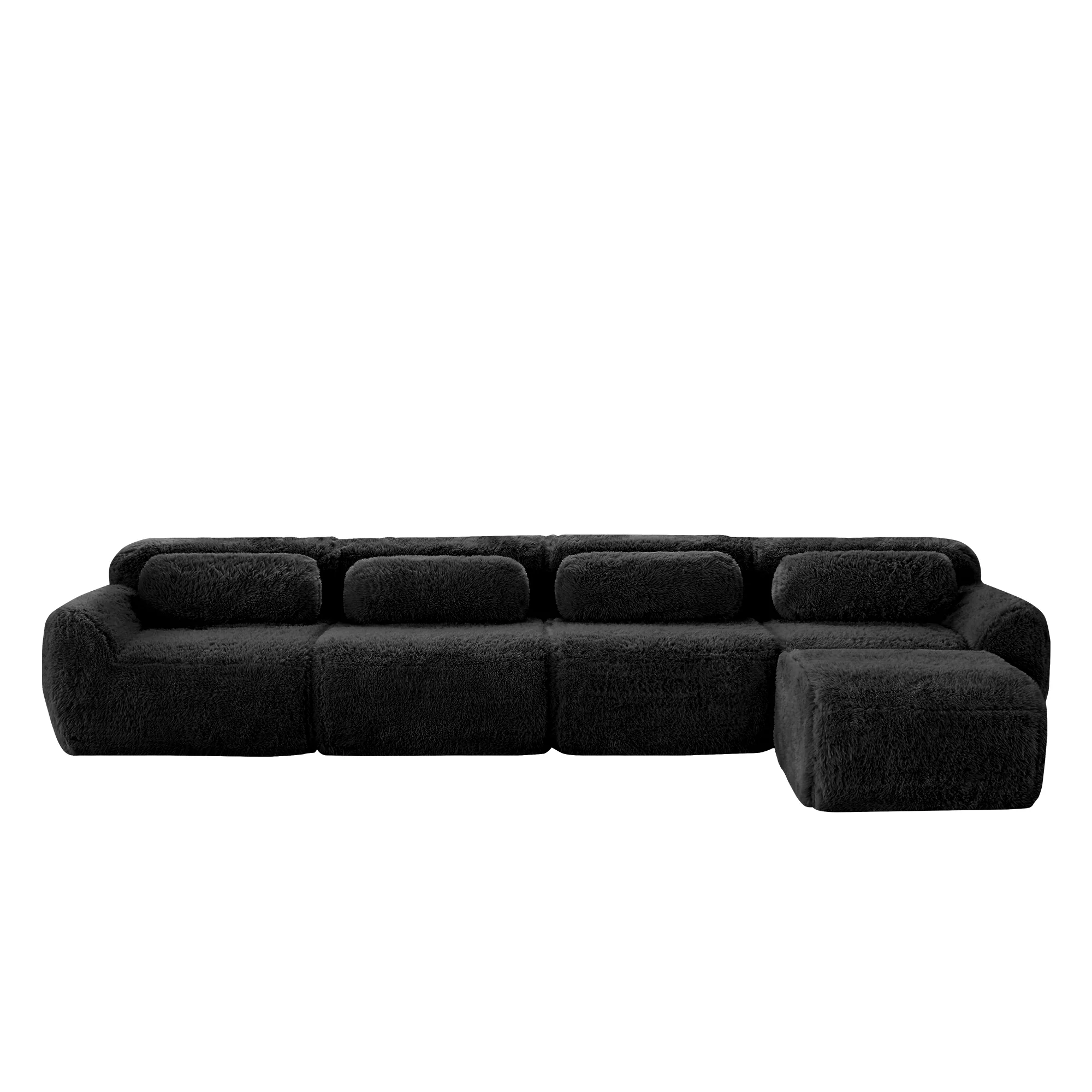 L-Shaped Sofa 4-Seater Modular Chaise No Assembly - Plush Fabric Black - Image 5