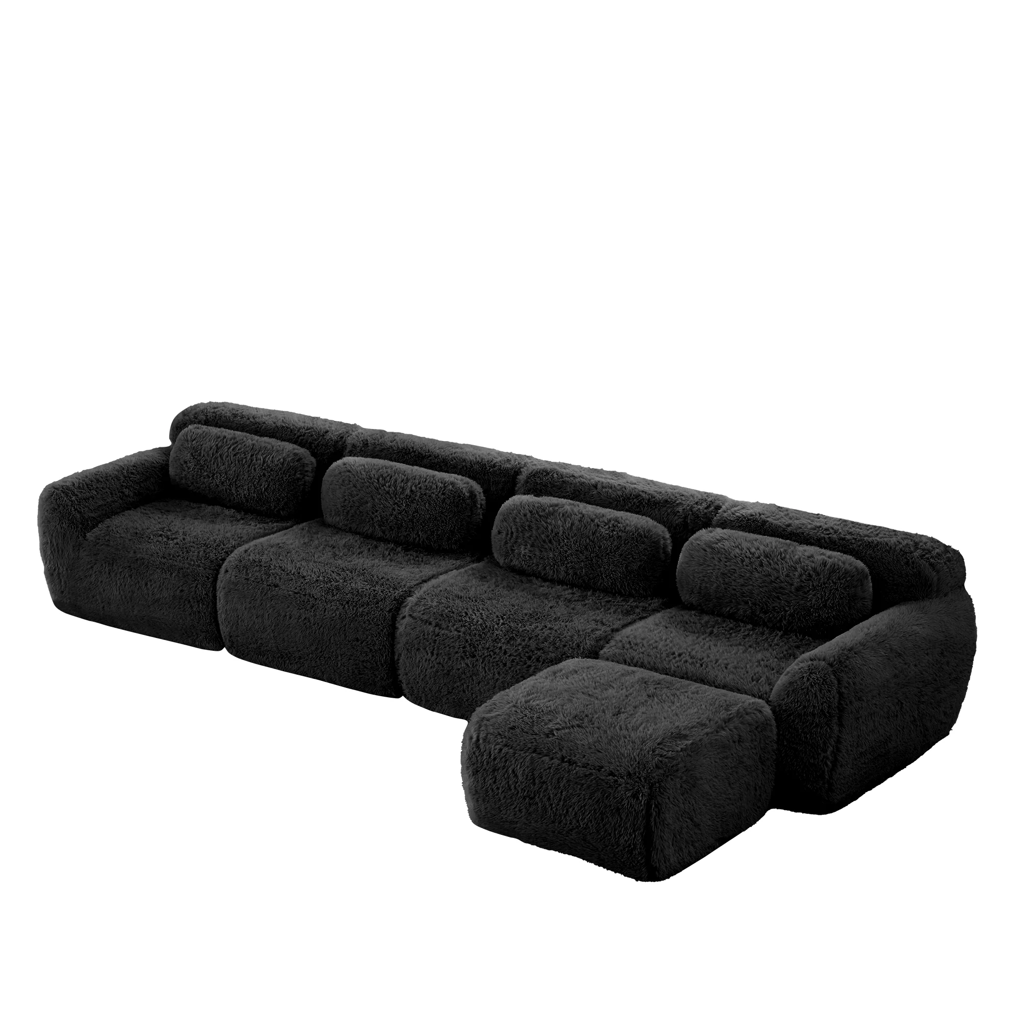 L-Shaped Sofa 4-Seater Modular Chaise No Assembly - Plush Fabric Black - Image 6