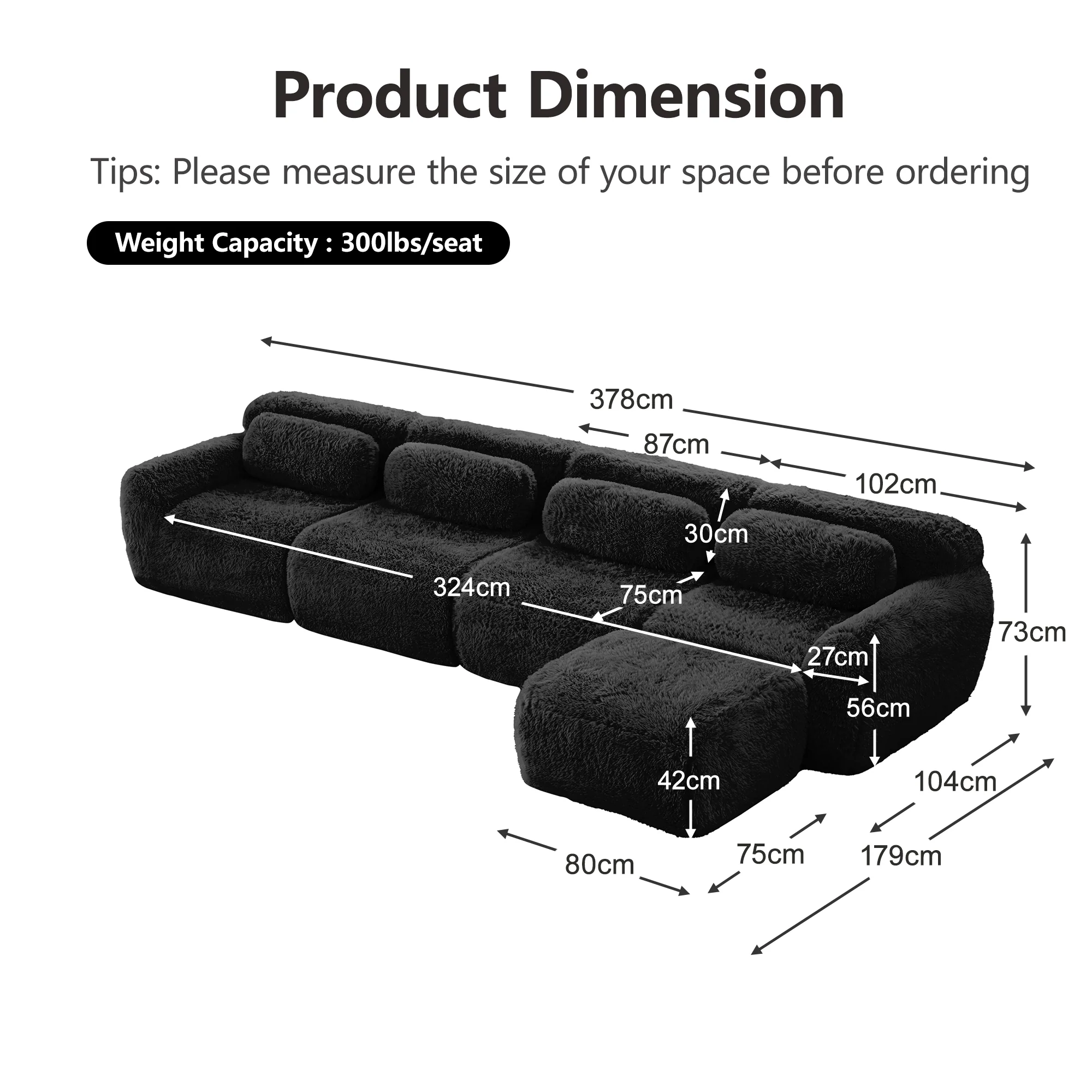 L-Shaped Sofa 4-Seater Modular Chaise No Assembly - Plush Fabric Black - Image 7
