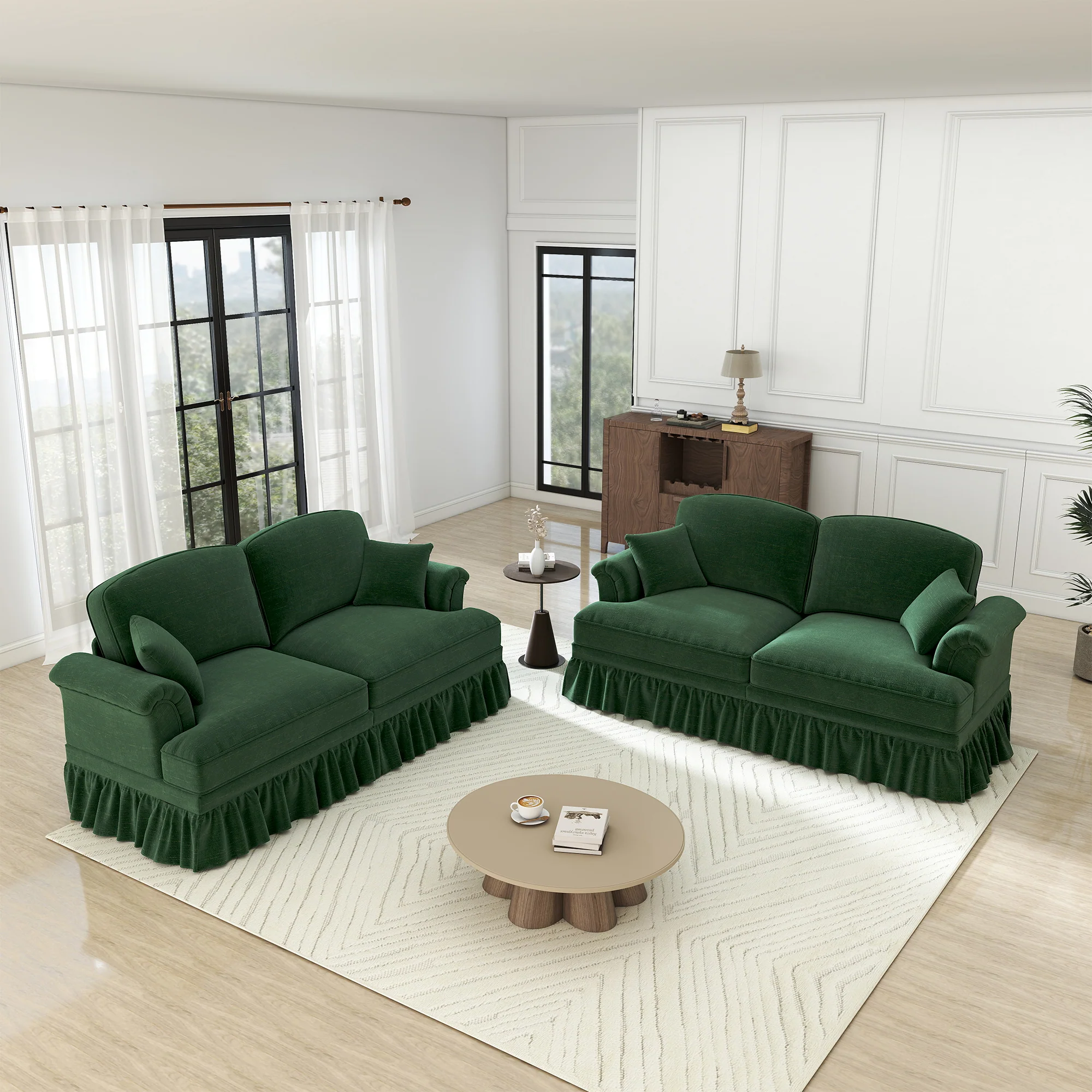 L-Shaped Sofa Mid-Century 2-Seater Movable Ottoman - Green Chenille - Image 4