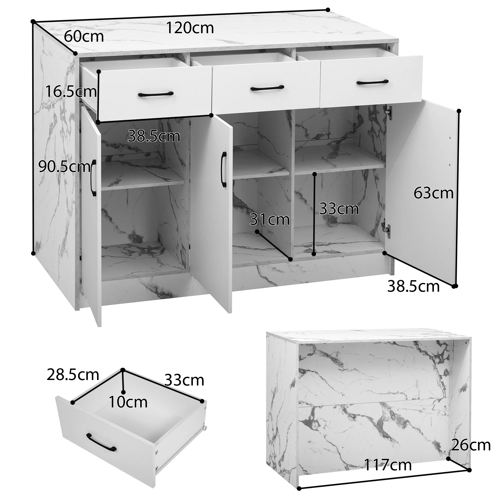 Large Kitchen Island 120x60cm 3 Drawers 3 Doors Adjustable Shelves - White Marble Design - Image 7