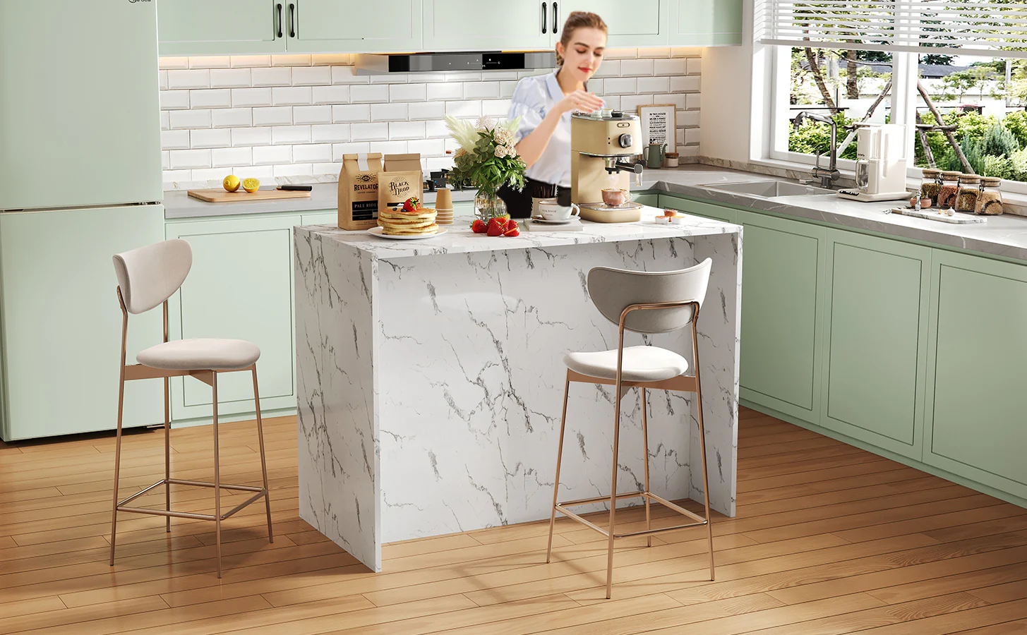 Large Kitchen Island 120x60cm 3 Drawers 3 Doors Adjustable Shelves - White Marble Design - Image 8