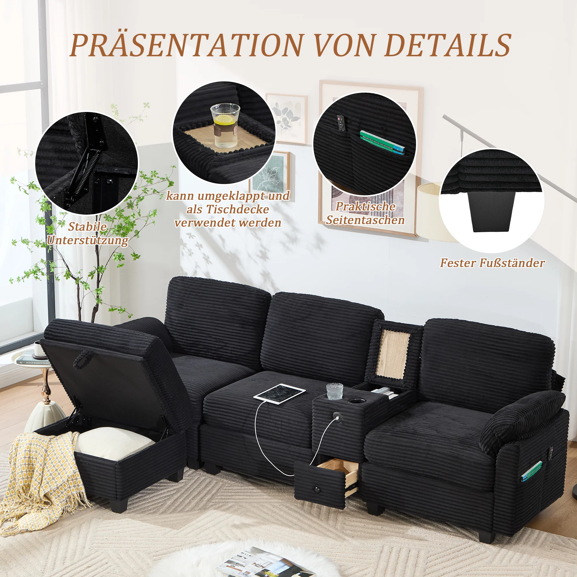 Large Sofa Removable Console USB-C Storage Ottoman - Corduroy - Image 7