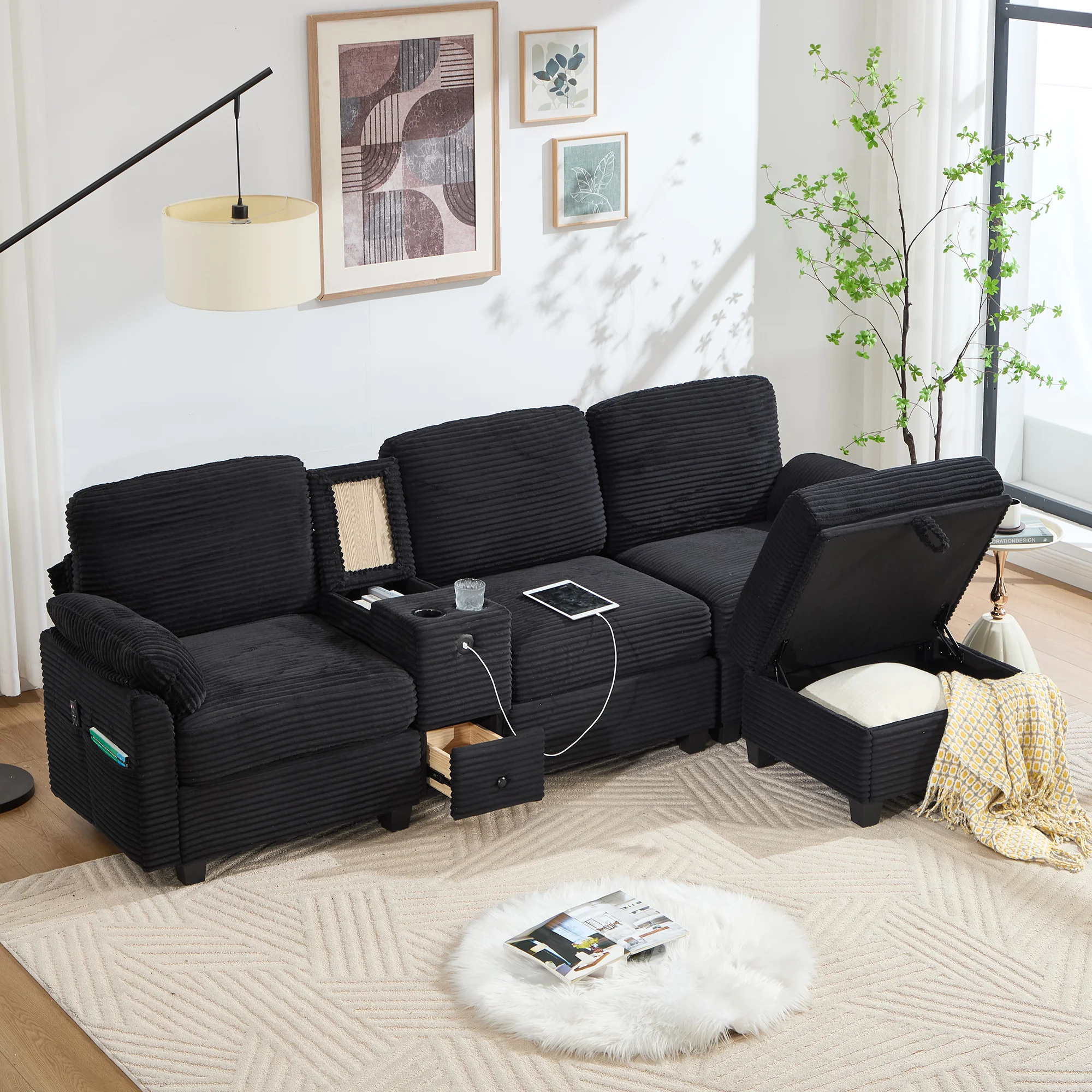 Large Sofa Removable Console USB-C Storage Ottoman - Corduroy - Image 9