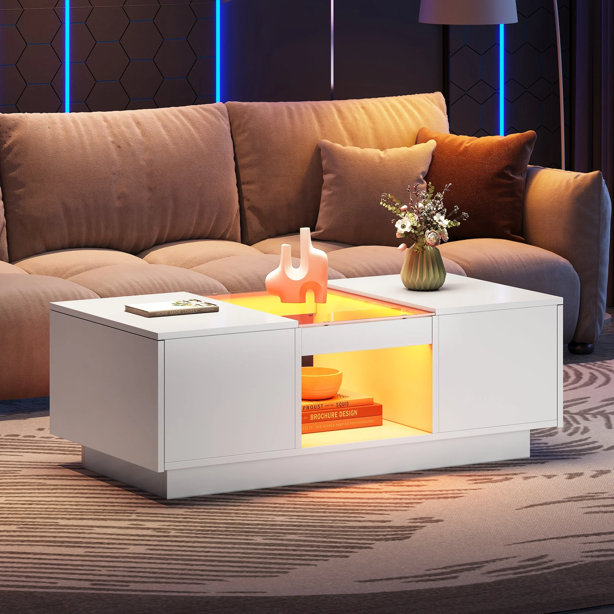 LED Coffee Table for Living Room, Modern Coffee Table with Storage with LED Lights, 2 Tiers and 2 Drawers, Large Living Room Center Tables White - Image 2