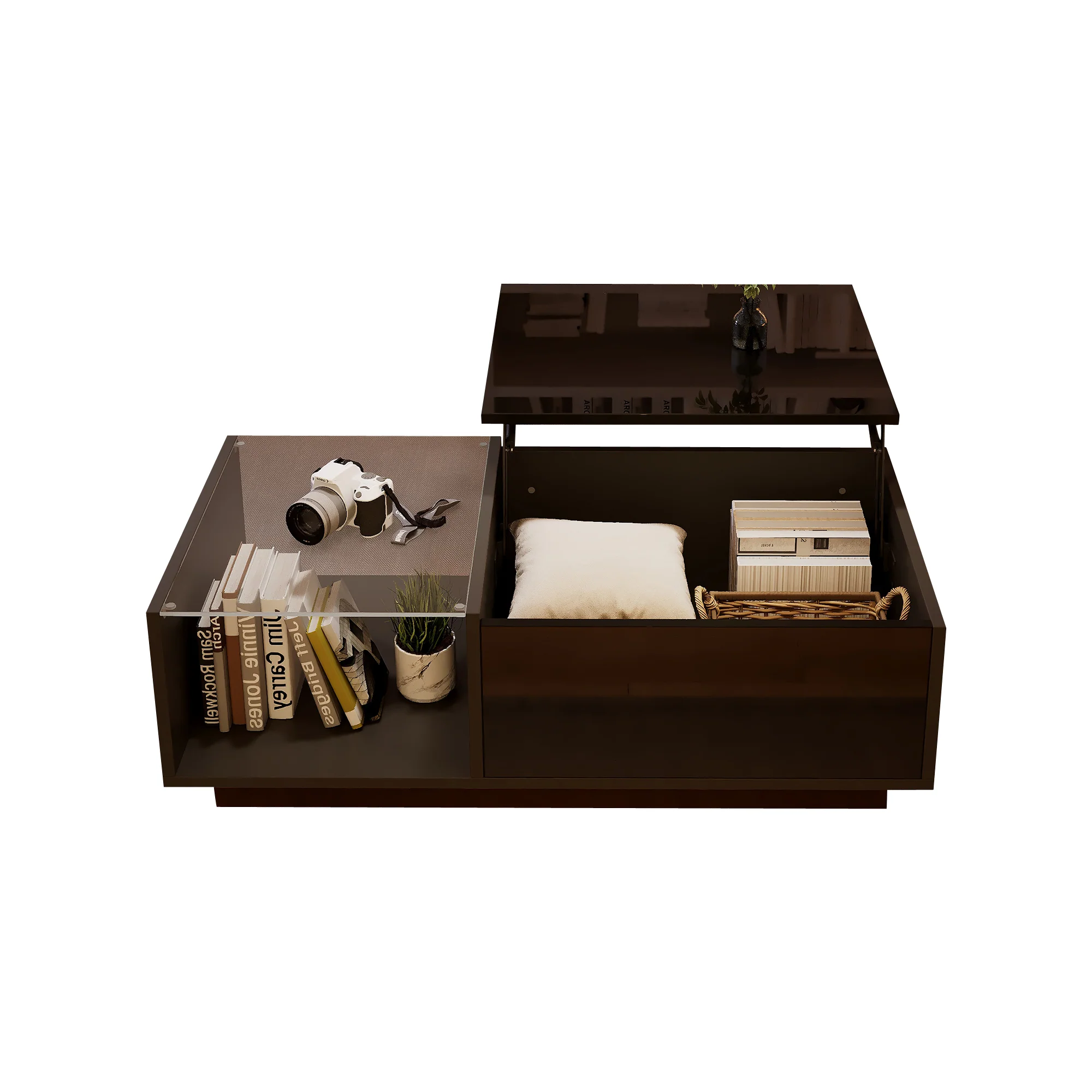LED Coffee Table, Height-Adjustable with Hidden Storage and Shelf, High-Gloss - Image 3