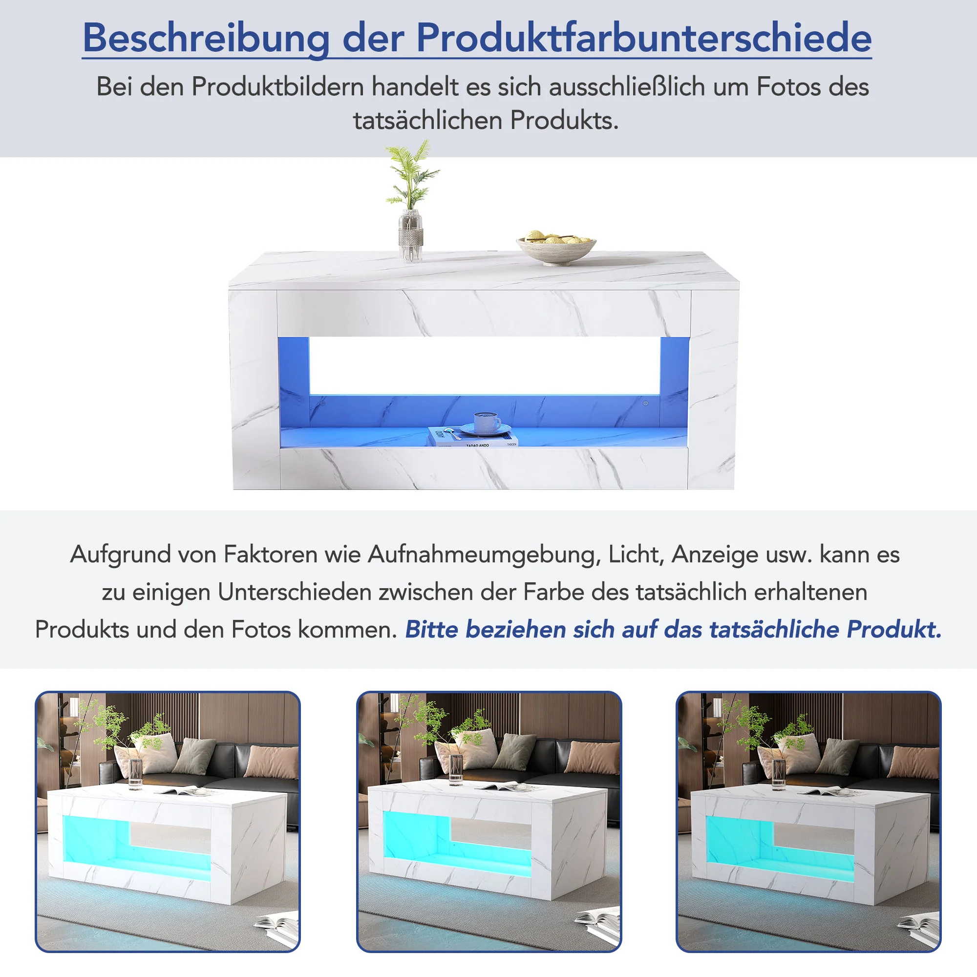 LED Coffee Table High-Gloss Remote Control Marble Print - White - Image 5