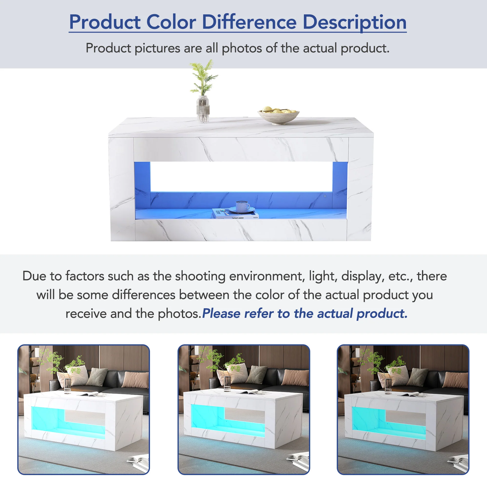 LED Coffee Table High-Gloss Remote Control Marble Print - White - Image 6