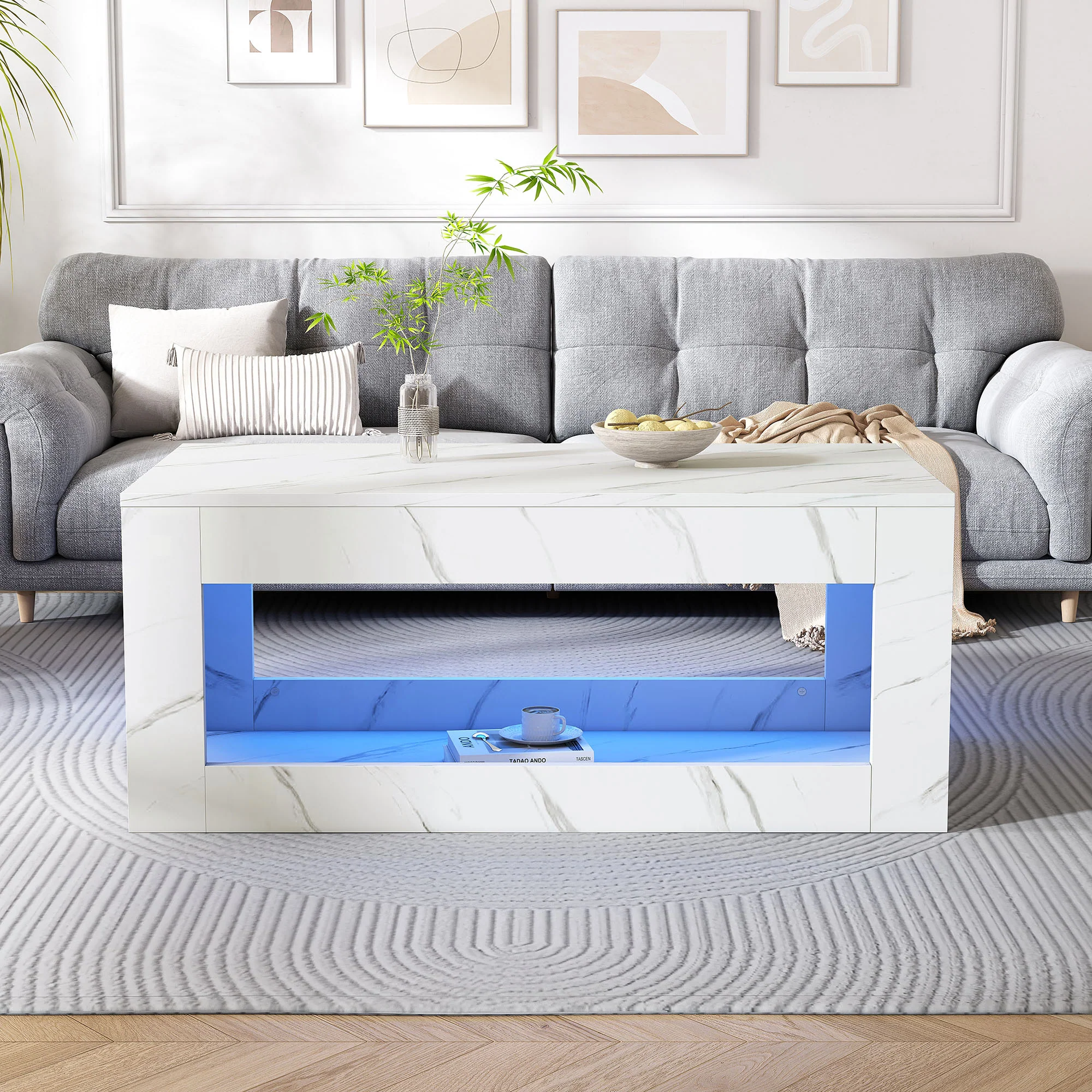 LED Coffee Table High-Gloss Remote Control Marble Print - White - Image 9
