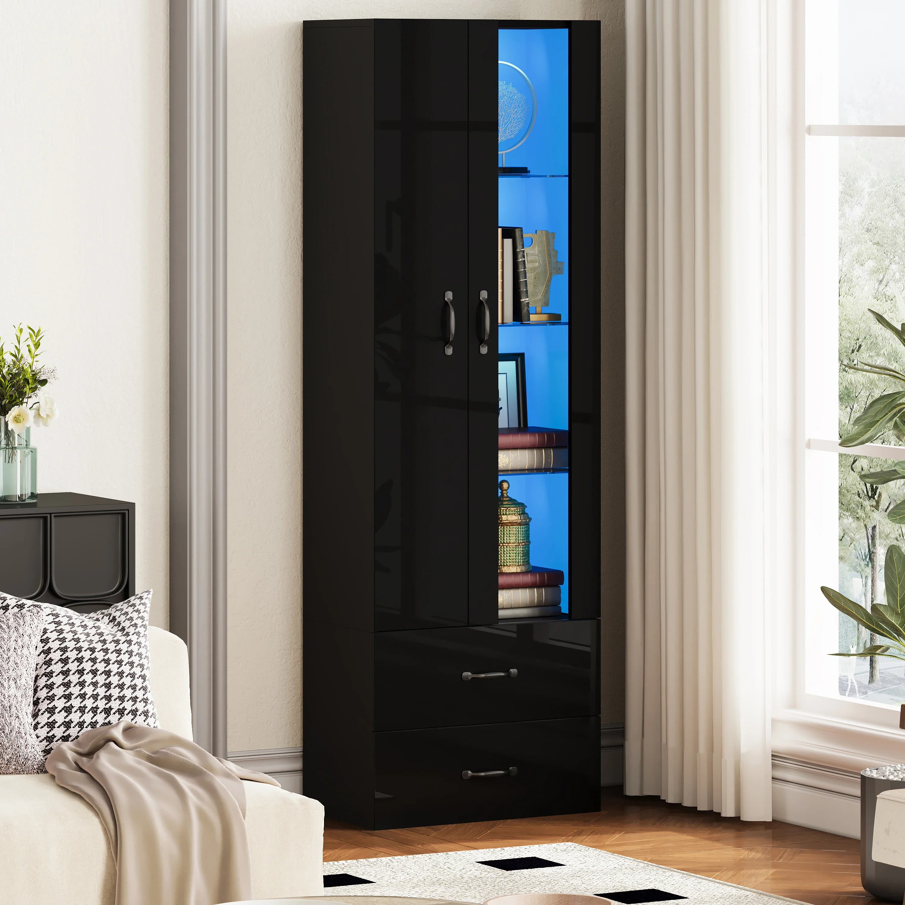 LED Display Cabinet Freestanding 2 Doors - Black