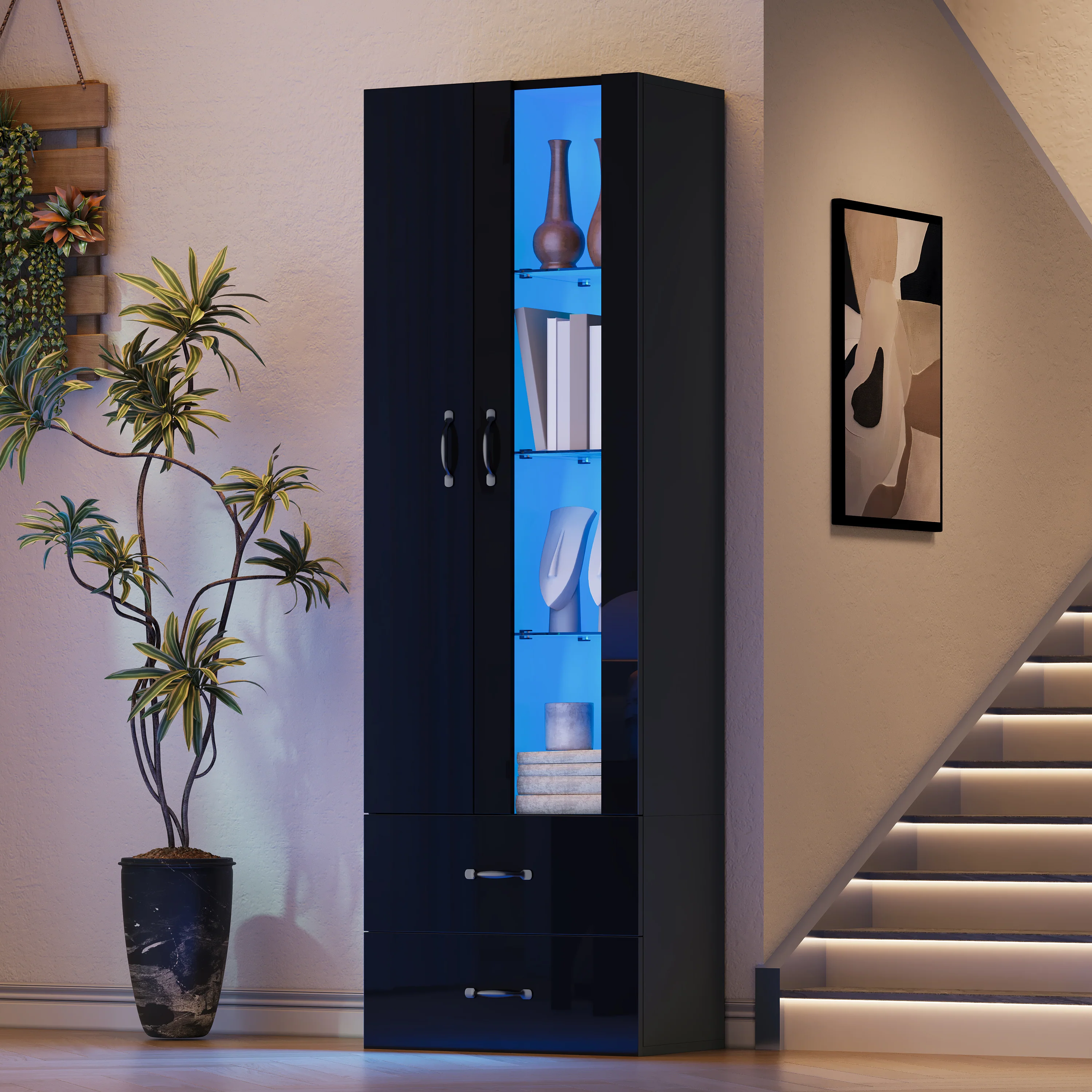LED Display Cabinet Freestanding 2 Doors - Black - Image 2