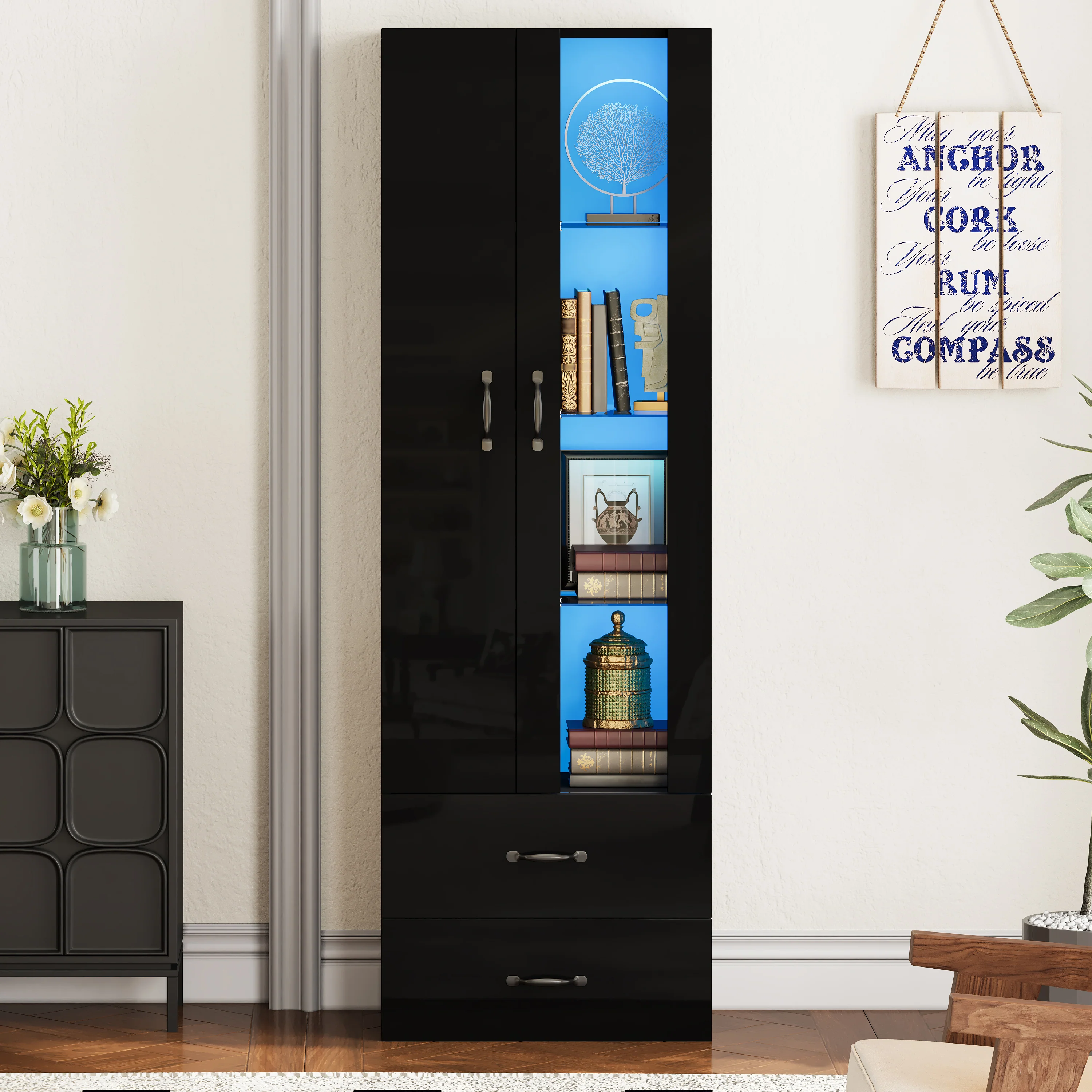 LED Display Cabinet Freestanding 2 Doors - Black - Image 3