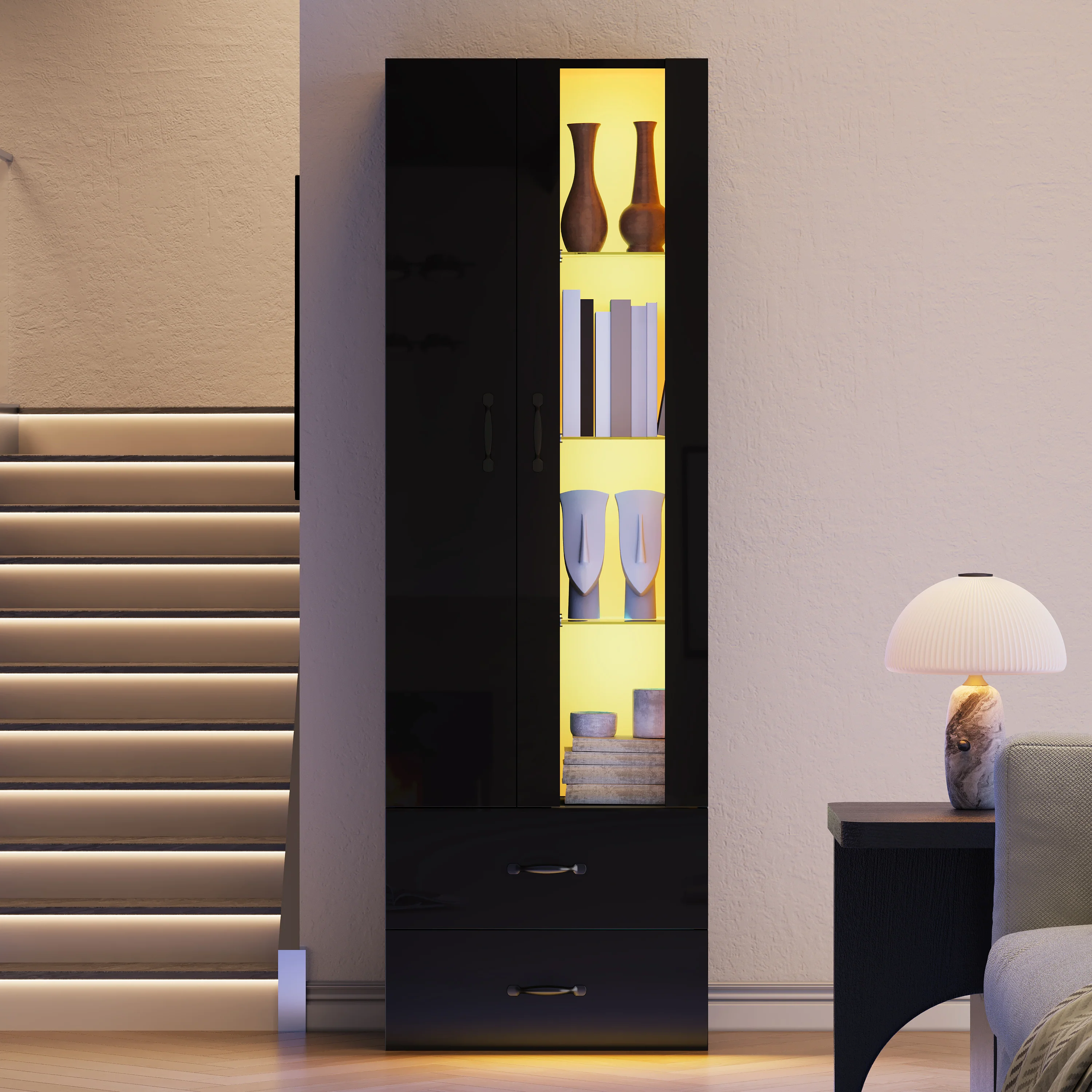 LED Display Cabinet Freestanding 2 Doors - Black - Image 5