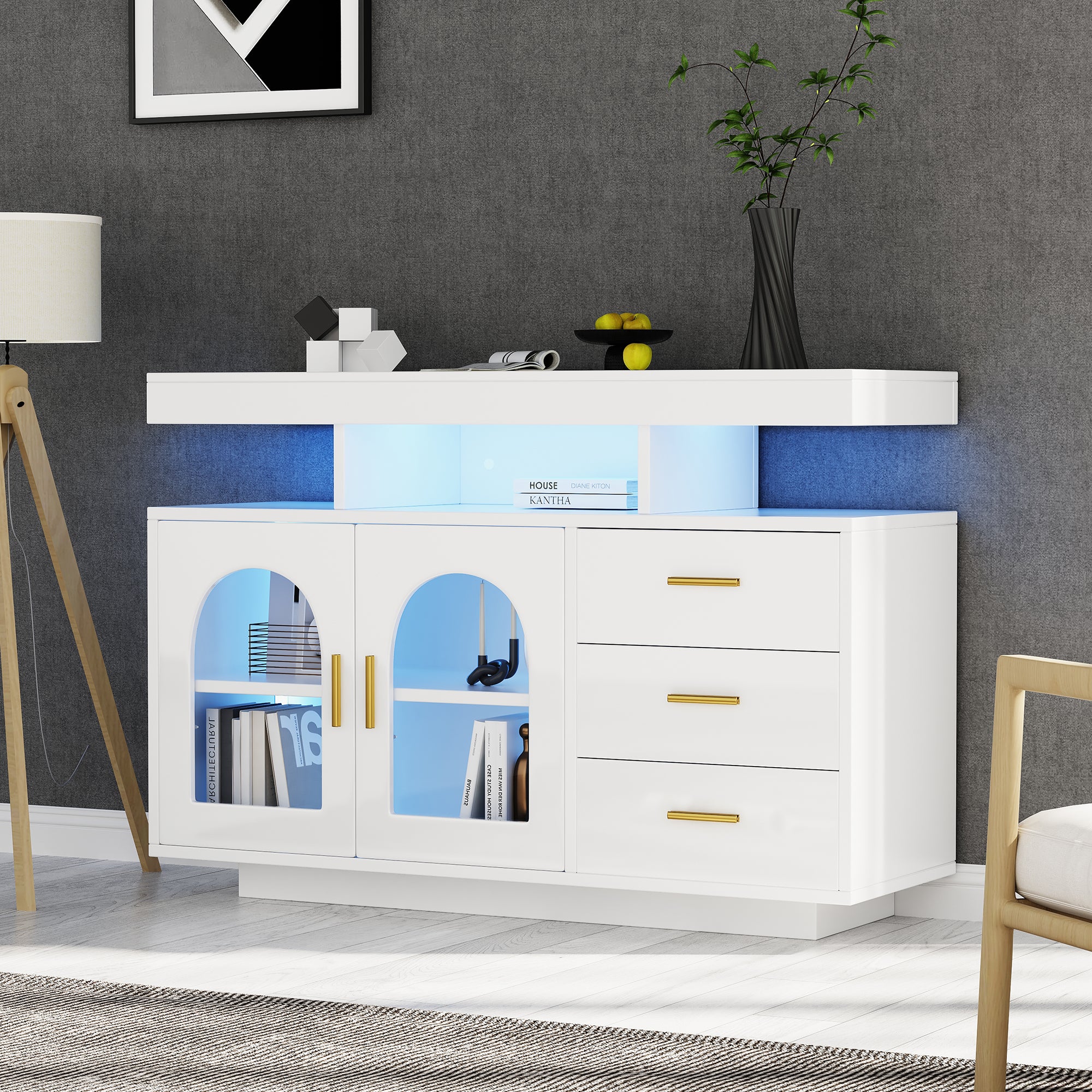 LED Sideboard Buffet 120cm High Gloss Coffee Bar Drawer Cabinet 16 Color Lights White - Image 5