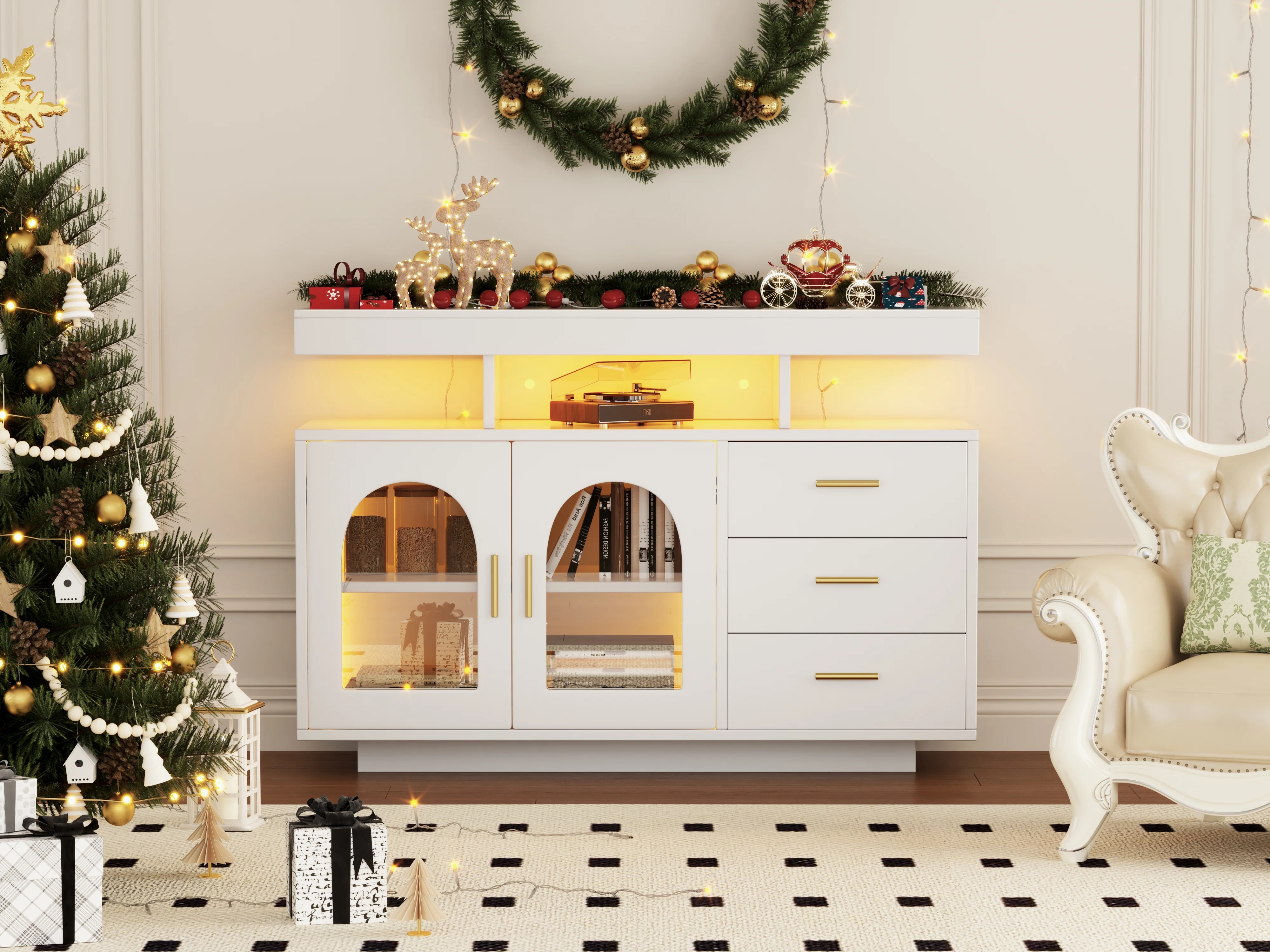 LED Sideboard Buffet 120cm High Gloss Coffee Bar Drawer Cabinet 16 Color Lights White - Image 7