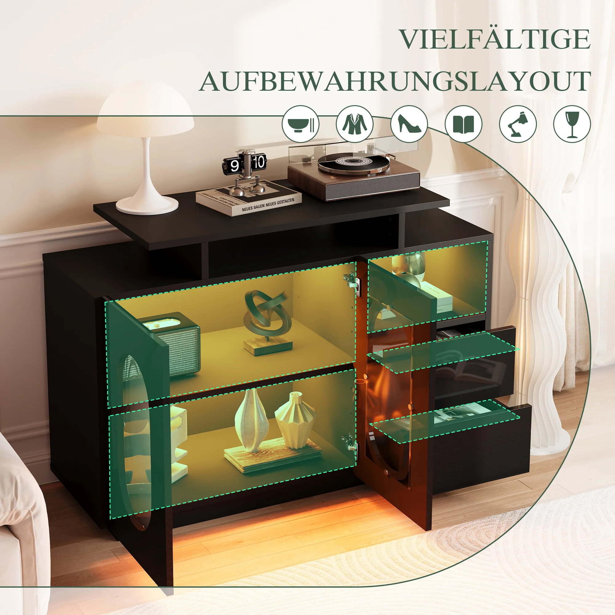 LED Sideboard High-Gloss Oval Glass Doors Storage - Black - Image 4