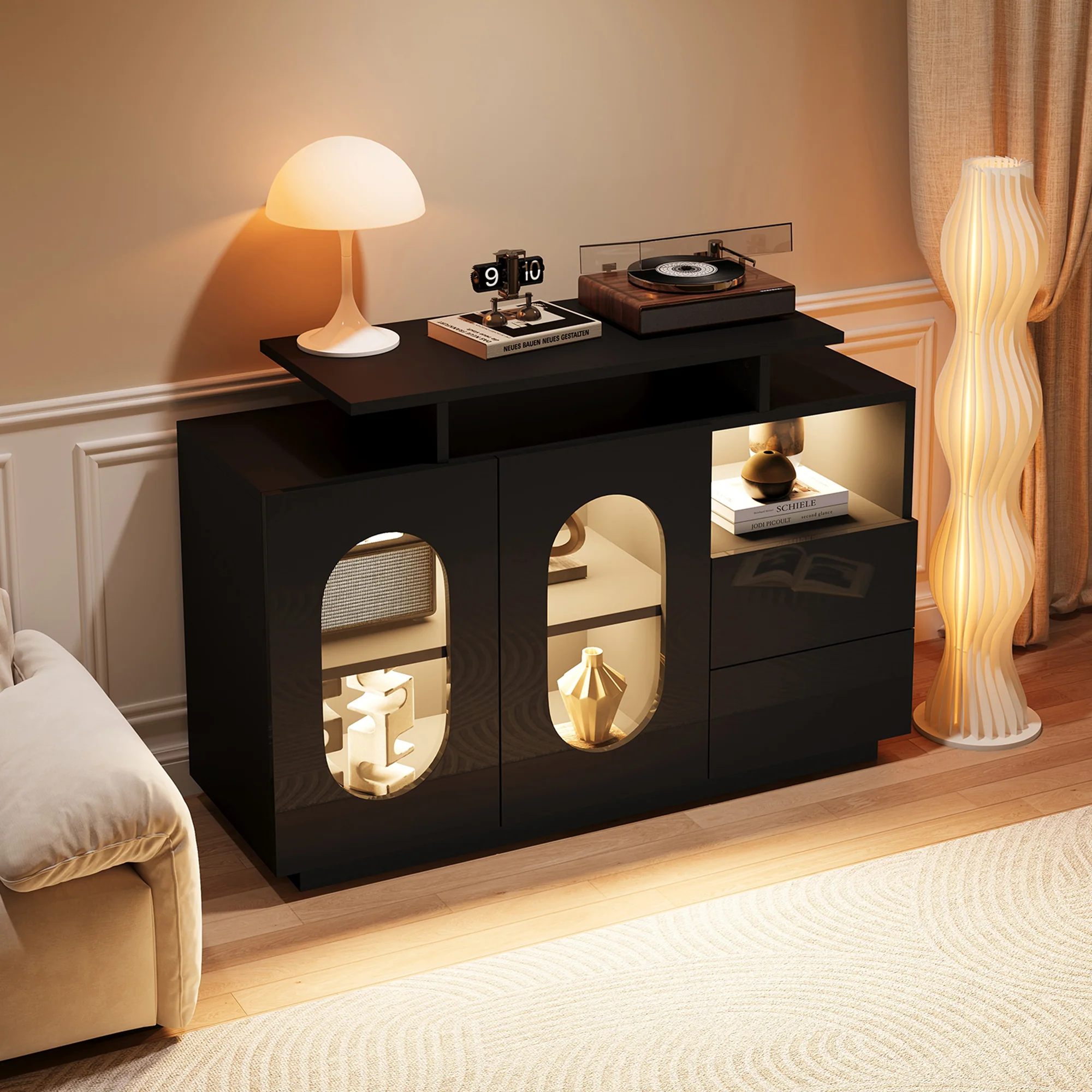 LED Sideboard High-Gloss Oval Glass Doors Storage - Black - Image 5