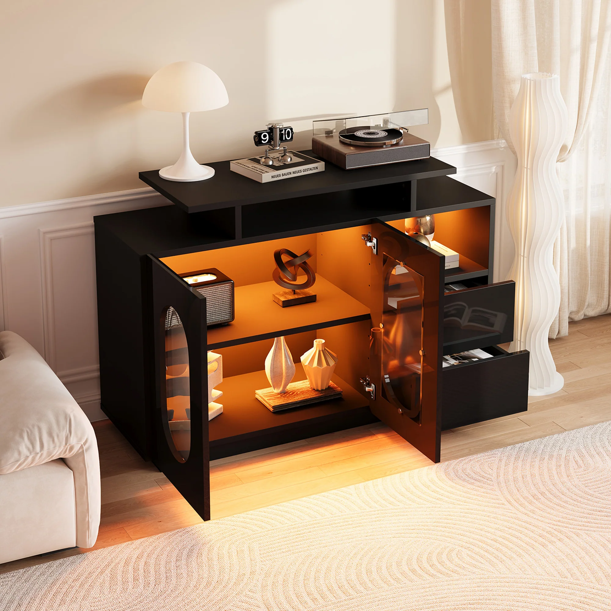 LED Sideboard High-Gloss Oval Glass Doors Storage - Black - Image 7