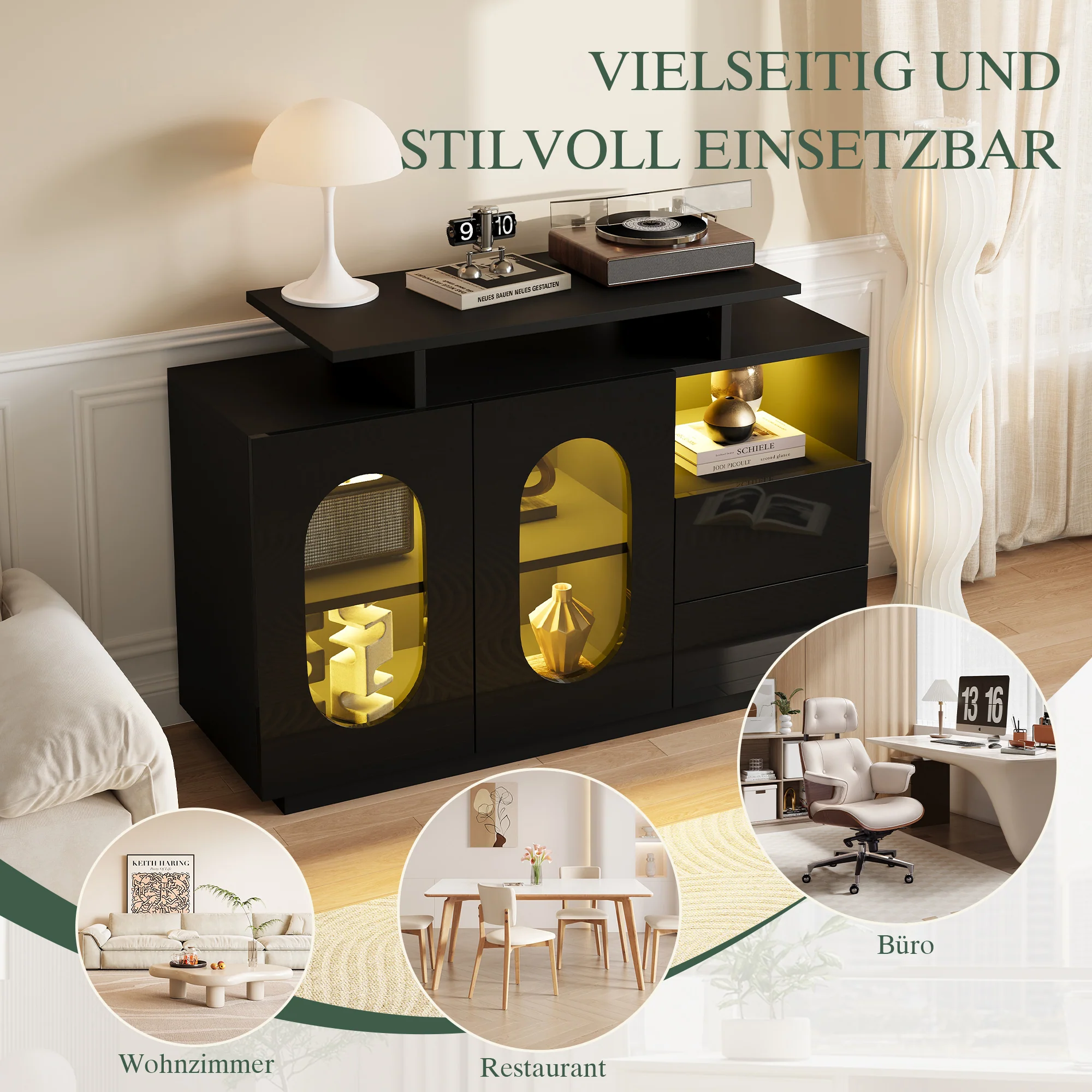 LED Sideboard High-Gloss Oval Glass Doors Storage - Black - Image 9