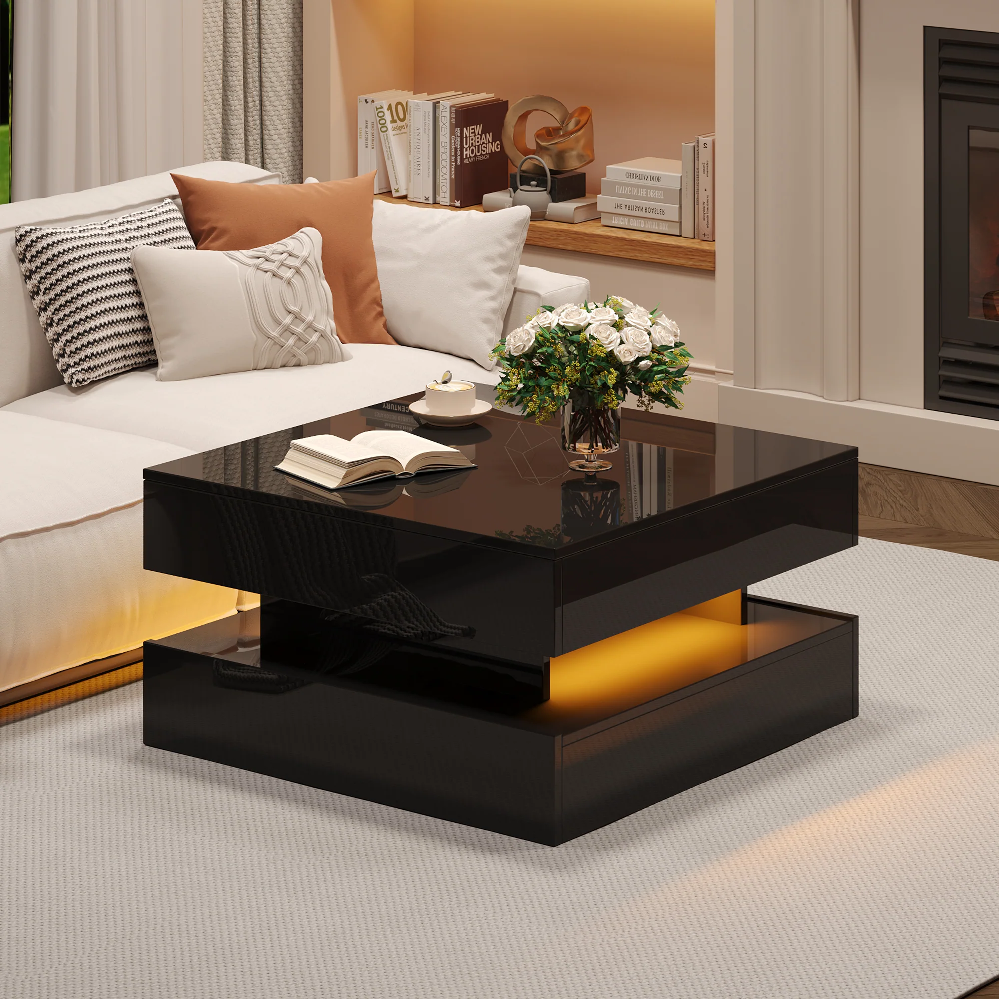 Liftable Coffee Table, 65 x 65 x 38.5 cm, High-Gloss with LED Light Strip, 2 Drawers, Black - Image 2