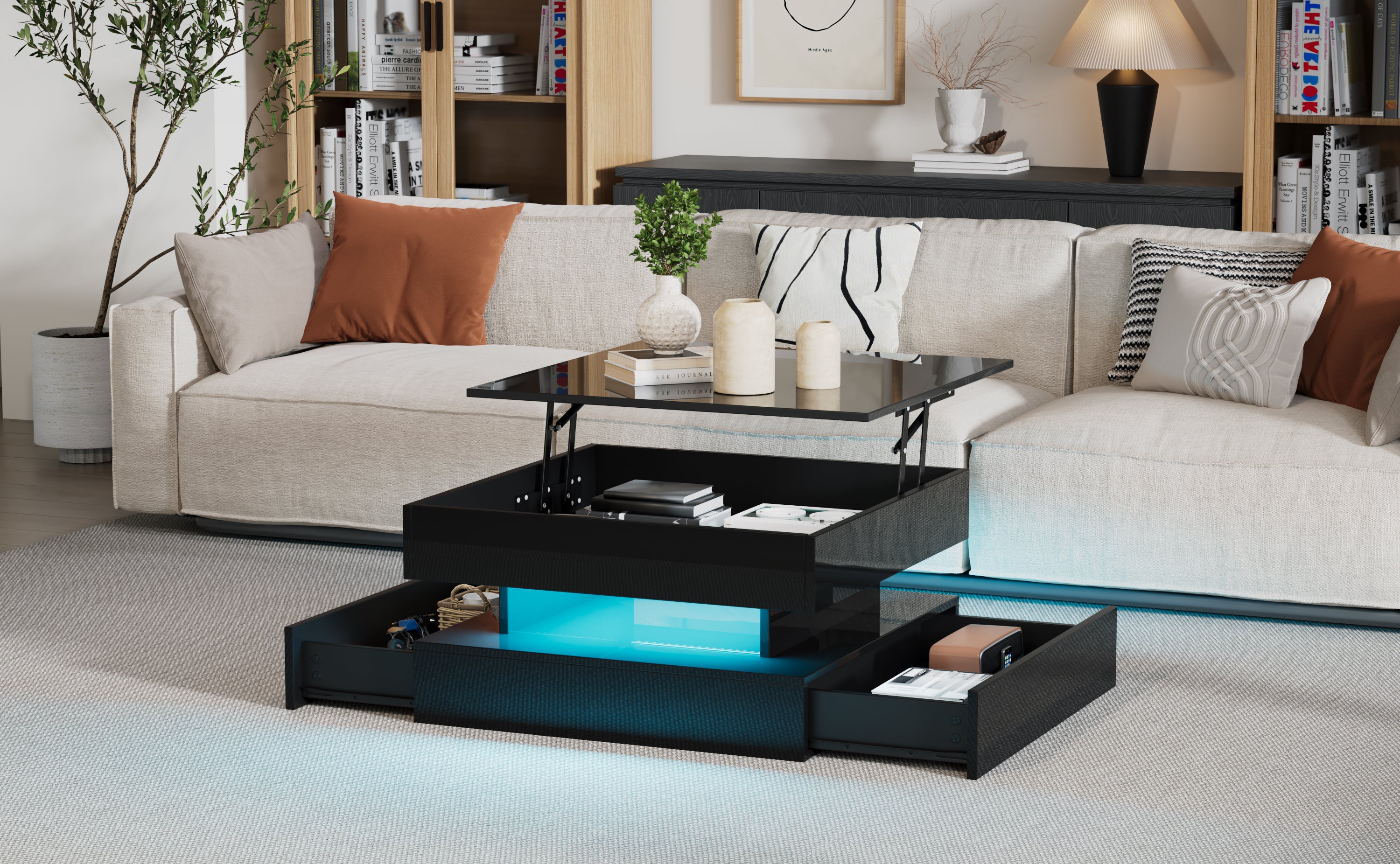 Liftable Coffee Table, 65 x 65 x 38.5 cm, High-Gloss with LED Light Strip, 2 Drawers, Black - Image 5