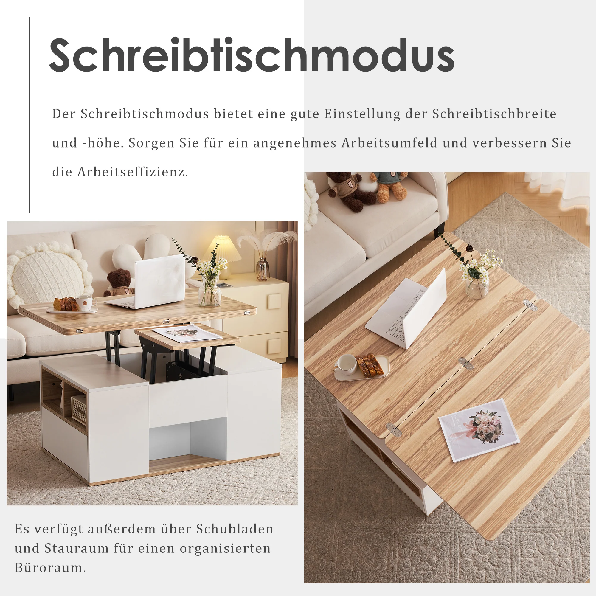Liftable Coffee Table Opens to 2 Tables Storage - White/Wood - Image 6