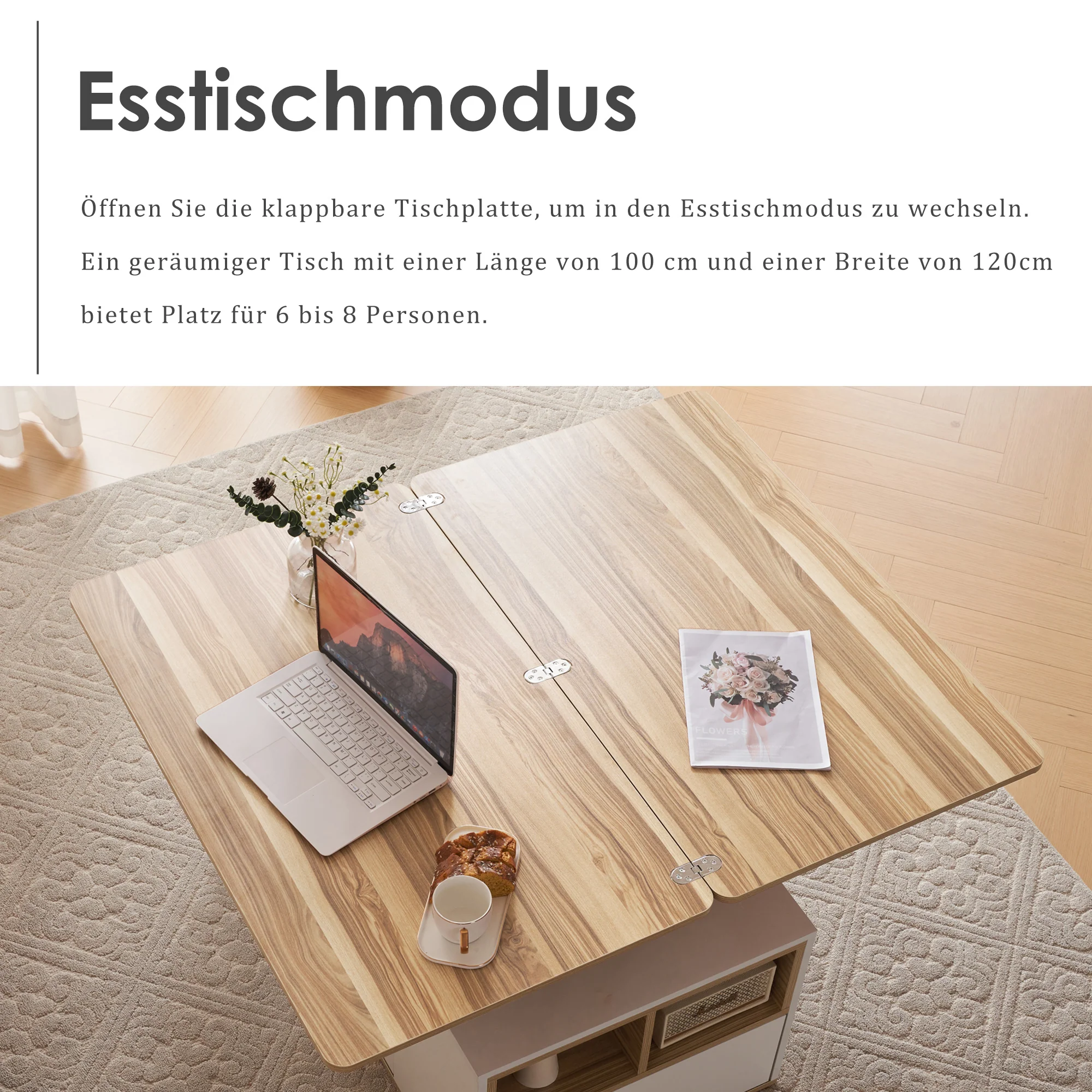 Liftable Coffee Table Opens to 2 Tables Storage - White/Wood - Image 7