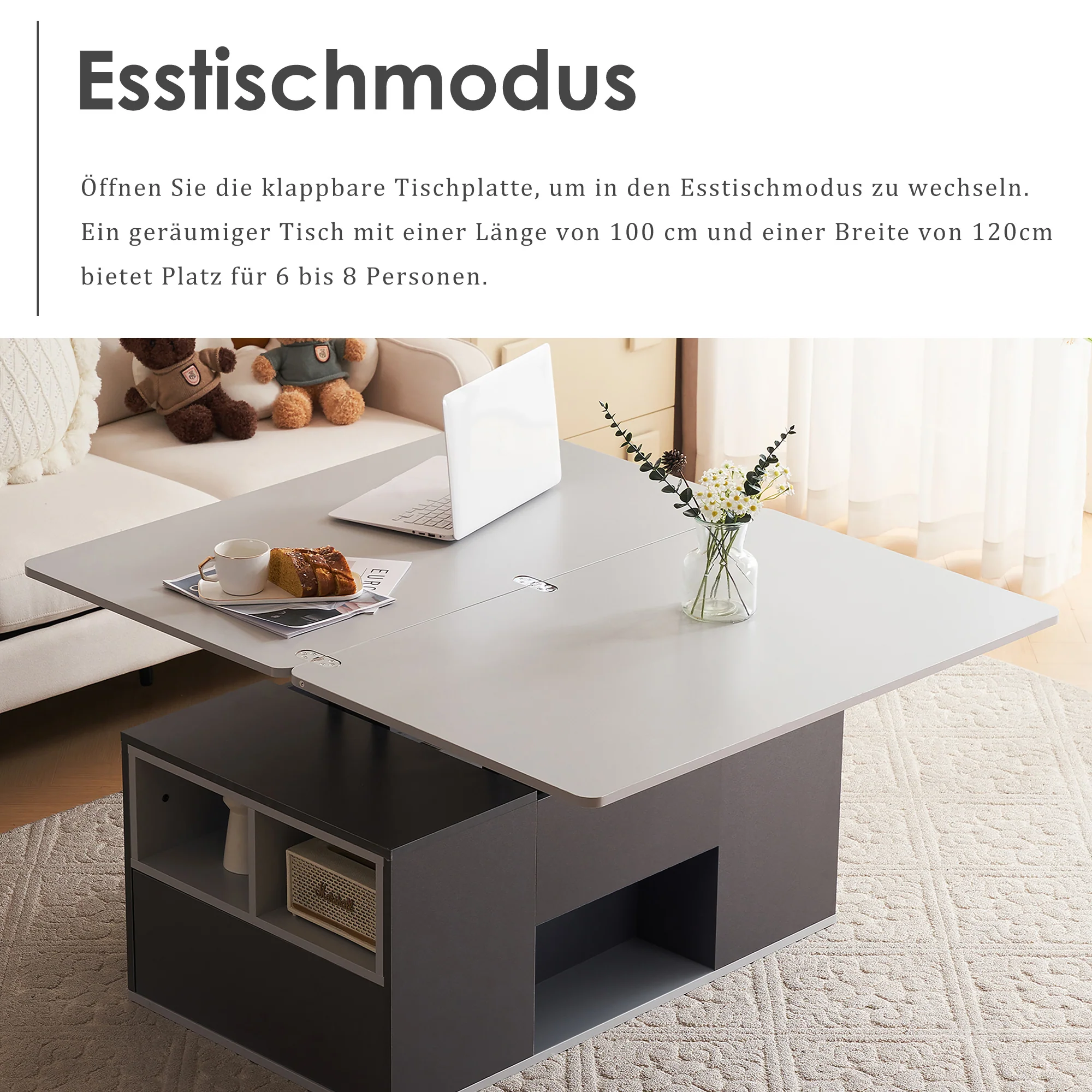Liftable Multifunctional Coffee Table Opens to 2 Tables Large Capacity - Dark Grey/Light Grey - Image 10