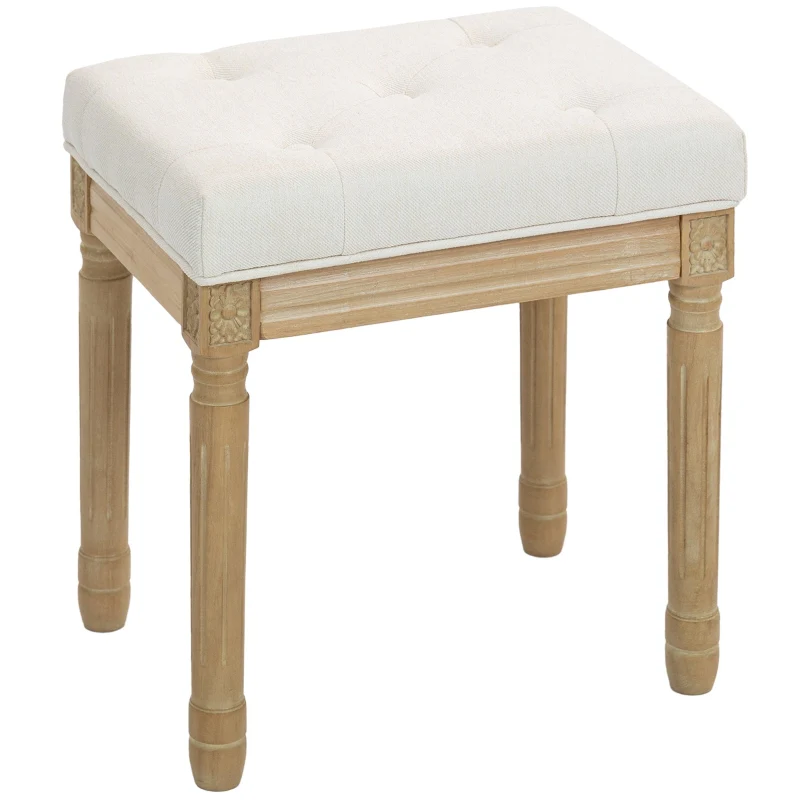 Linen Stool Upholstered Padded Seat Wooden Legs - Beige - Image 2