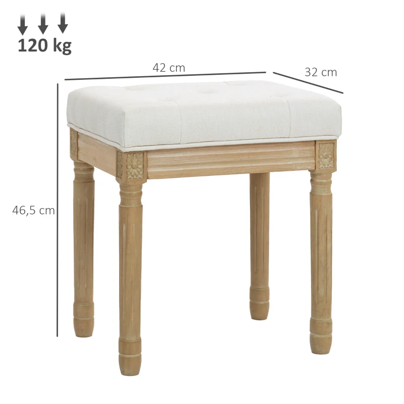 Linen Stool Upholstered Padded Seat Wooden Legs - Beige - Image 3
