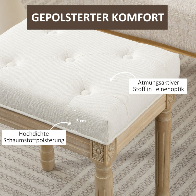 Linen Stool Upholstered Padded Seat Wooden Legs - Beige - Image 4