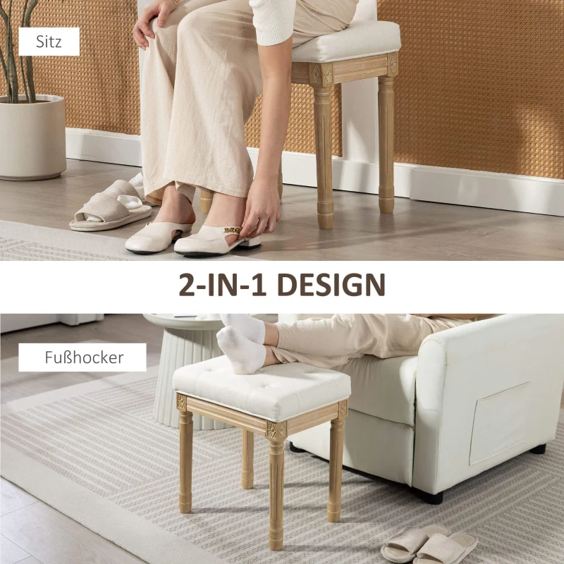 Linen Stool Upholstered Padded Seat Wooden Legs - Beige - Image 6