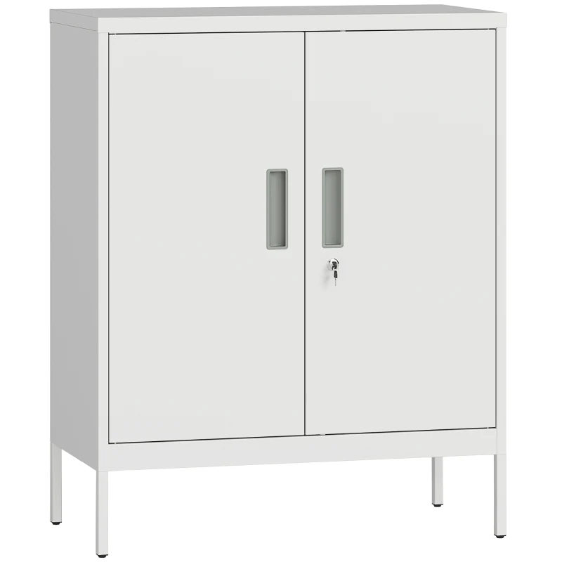 Lockable Steel Cabinet 2 Doors Adjustable Shelves - White - Image 2