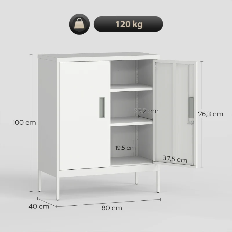 Lockable Steel Cabinet 2 Doors Adjustable Shelves - White - Image 3