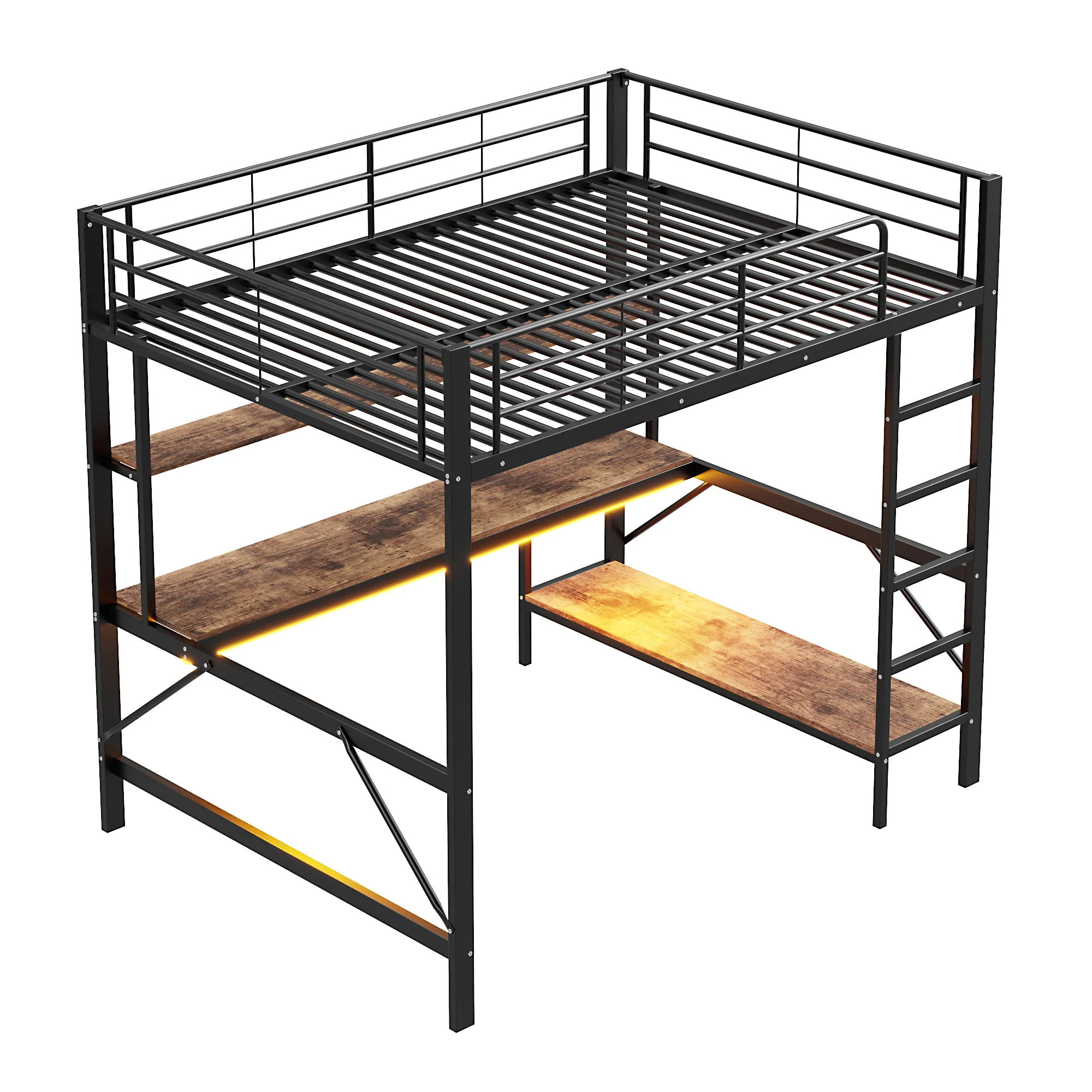 Loft Bed 140x200cm Desk LED USB/Power Outlet Shelf - Metal Black - Image 10
