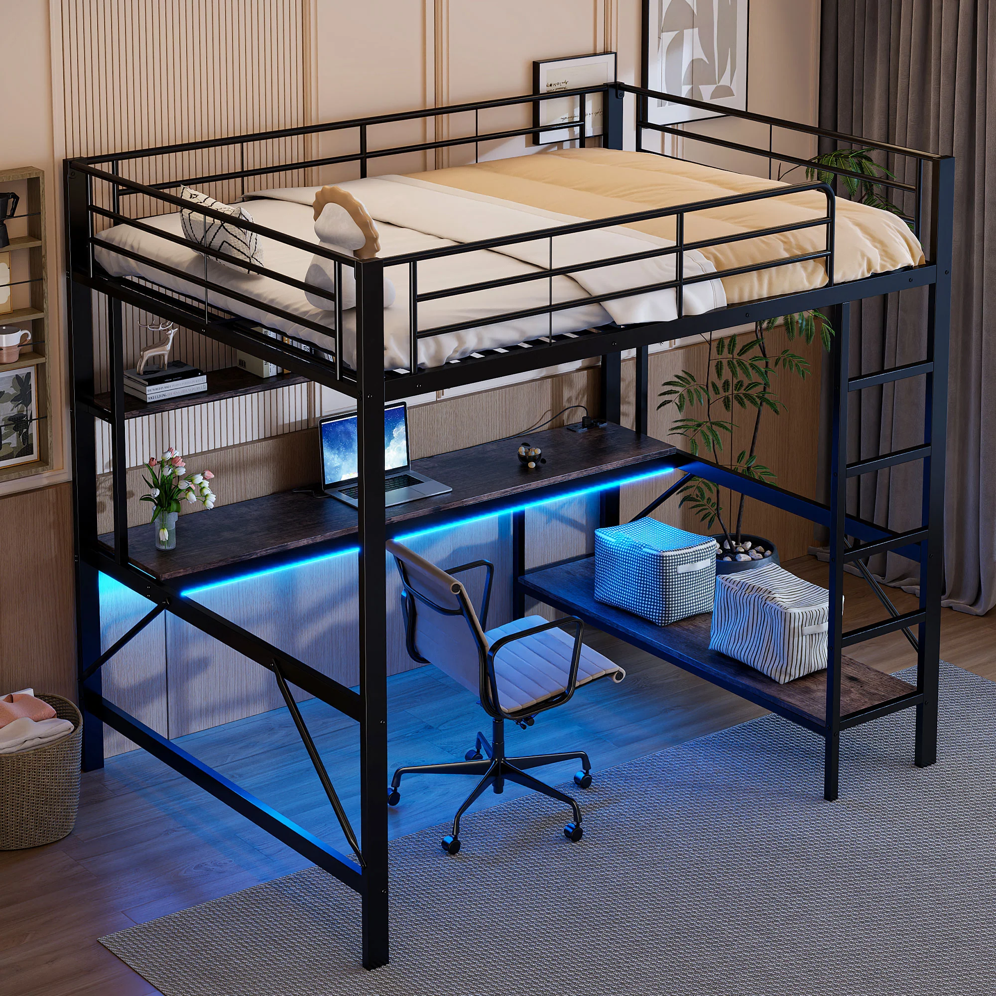 Loft Bed 140x200cm Desk LED USB/Power Outlet Shelf - Metal Black - Image 2
