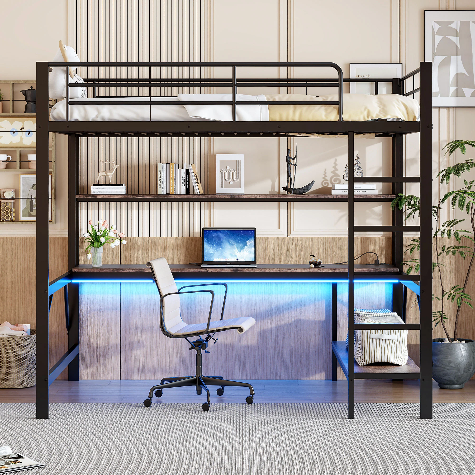 Loft Bed 140x200cm Desk LED USB/Power Outlet Shelf - Metal Black - Image 3