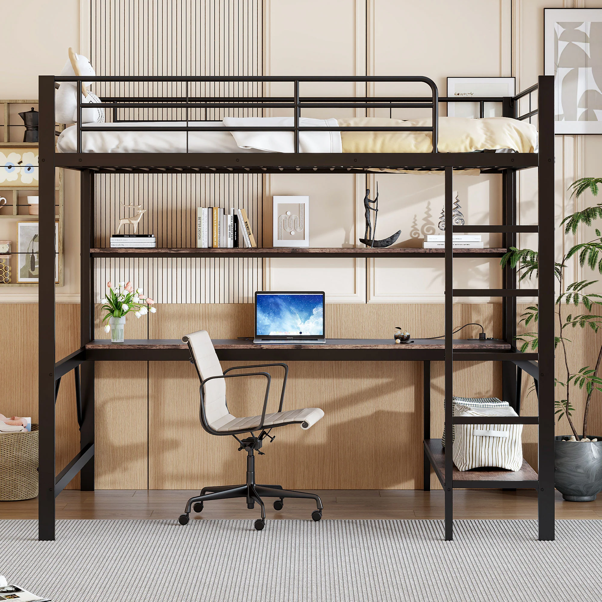 Loft Bed 140x200cm Desk LED USB/Power Outlet Shelf - Metal Black - Image 4
