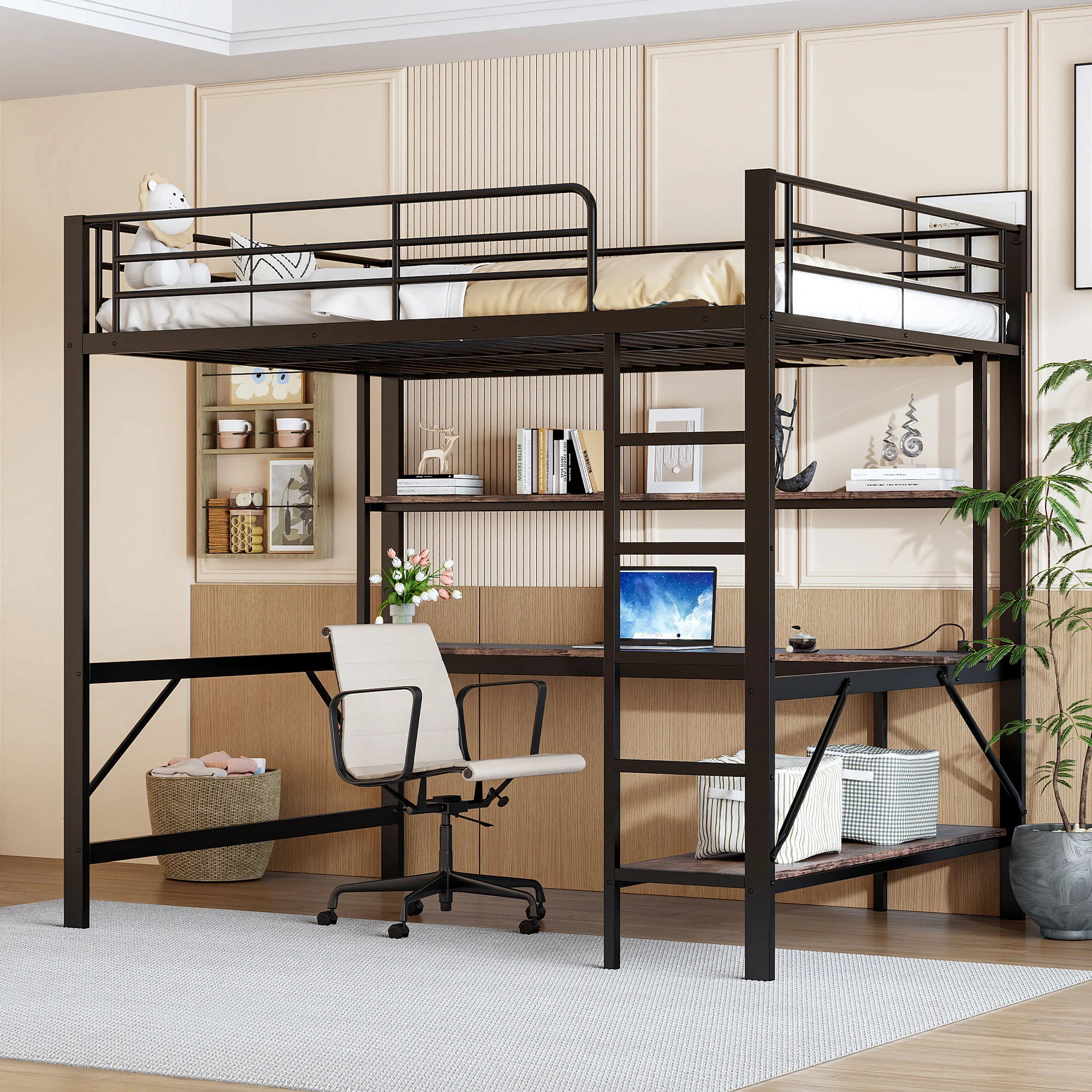 Loft Bed 140x200cm Desk LED USB/Power Outlet Shelf - Metal Black - Image 5