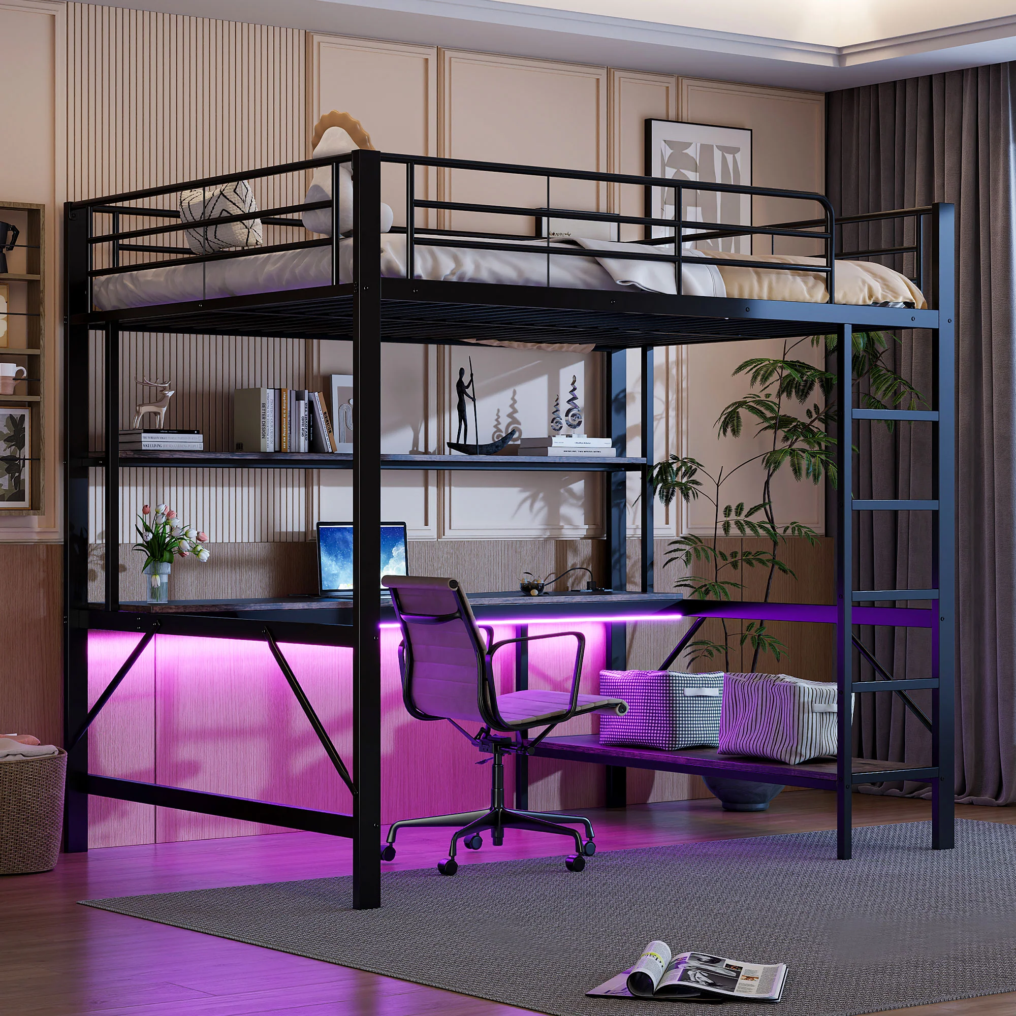 Loft Bed 140x200cm Desk LED USB/Power Outlet Shelf - Metal Black - Image 6