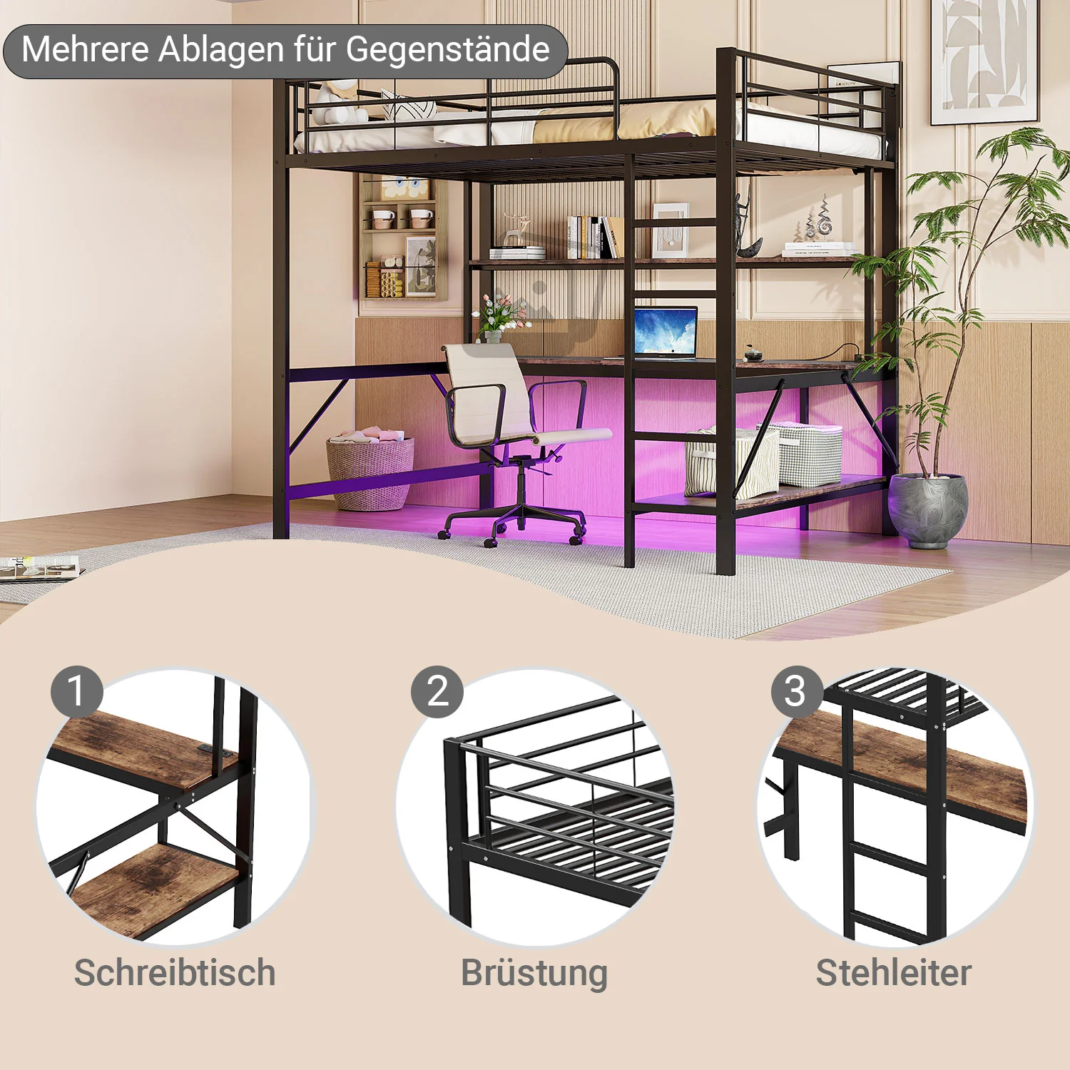 Loft Bed 140x200cm Desk LED USB/Power Outlet Shelf - Metal Black - Image 7