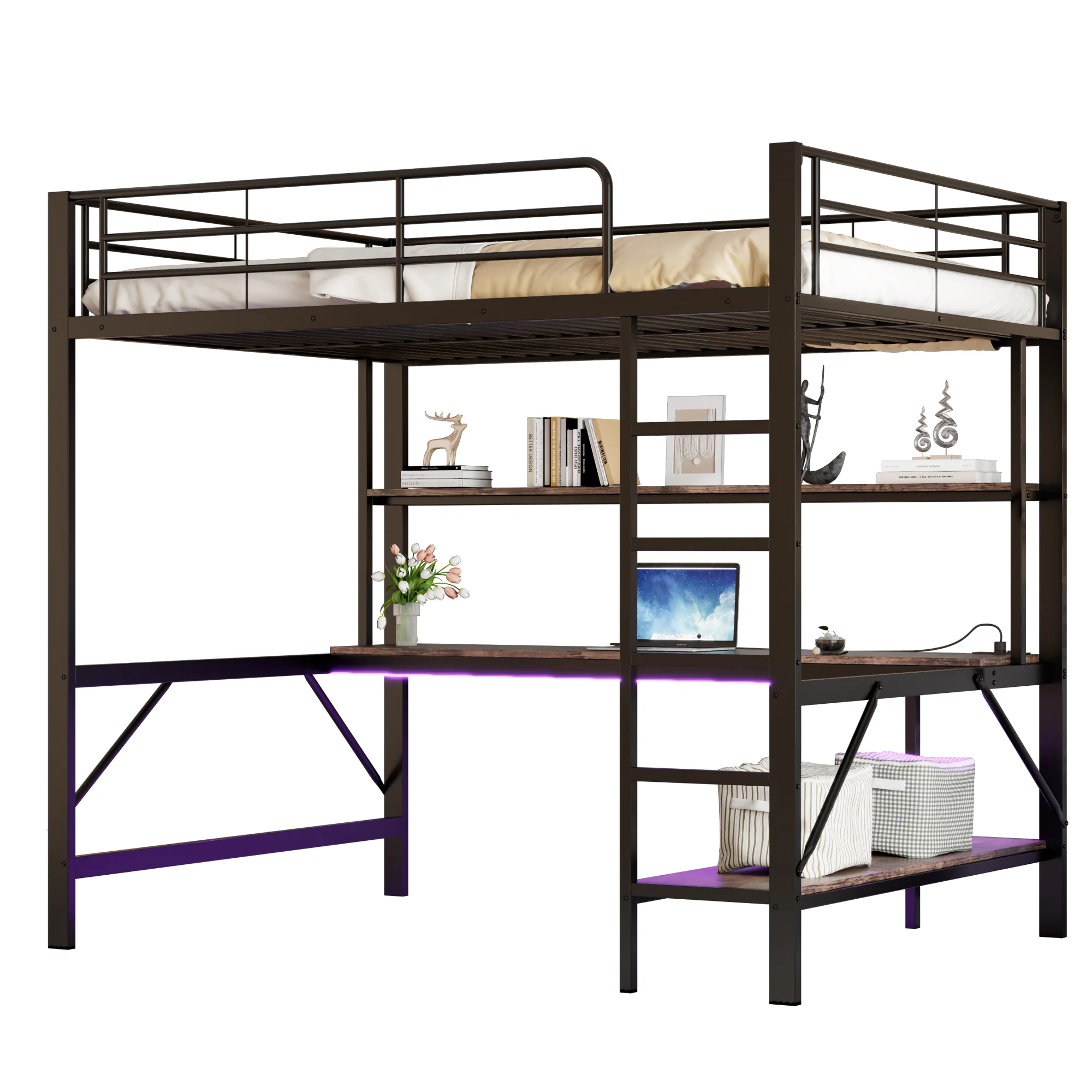 Loft Bed 140x200cm Desk LED USB/Power Outlet Shelf - Metal Black - Image 8
