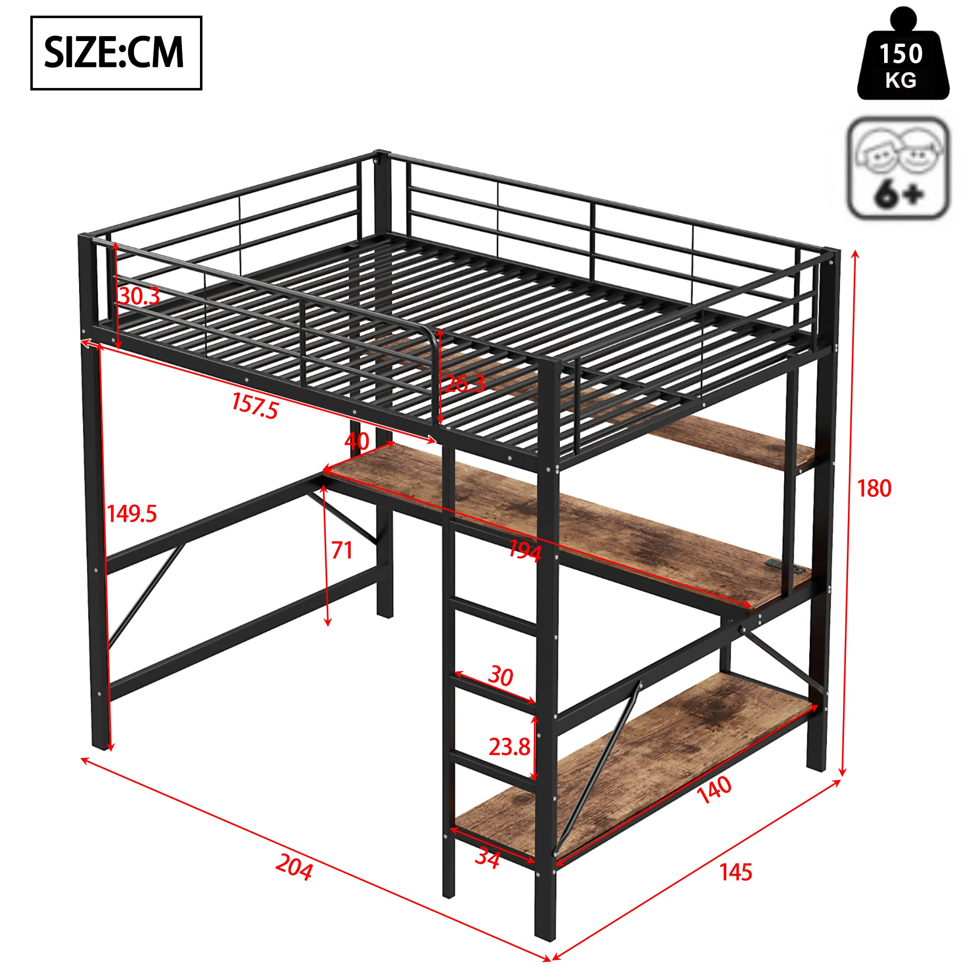 Loft Bed 140x200cm Desk LED USB/Power Outlet Shelf - Metal Black - Image 9