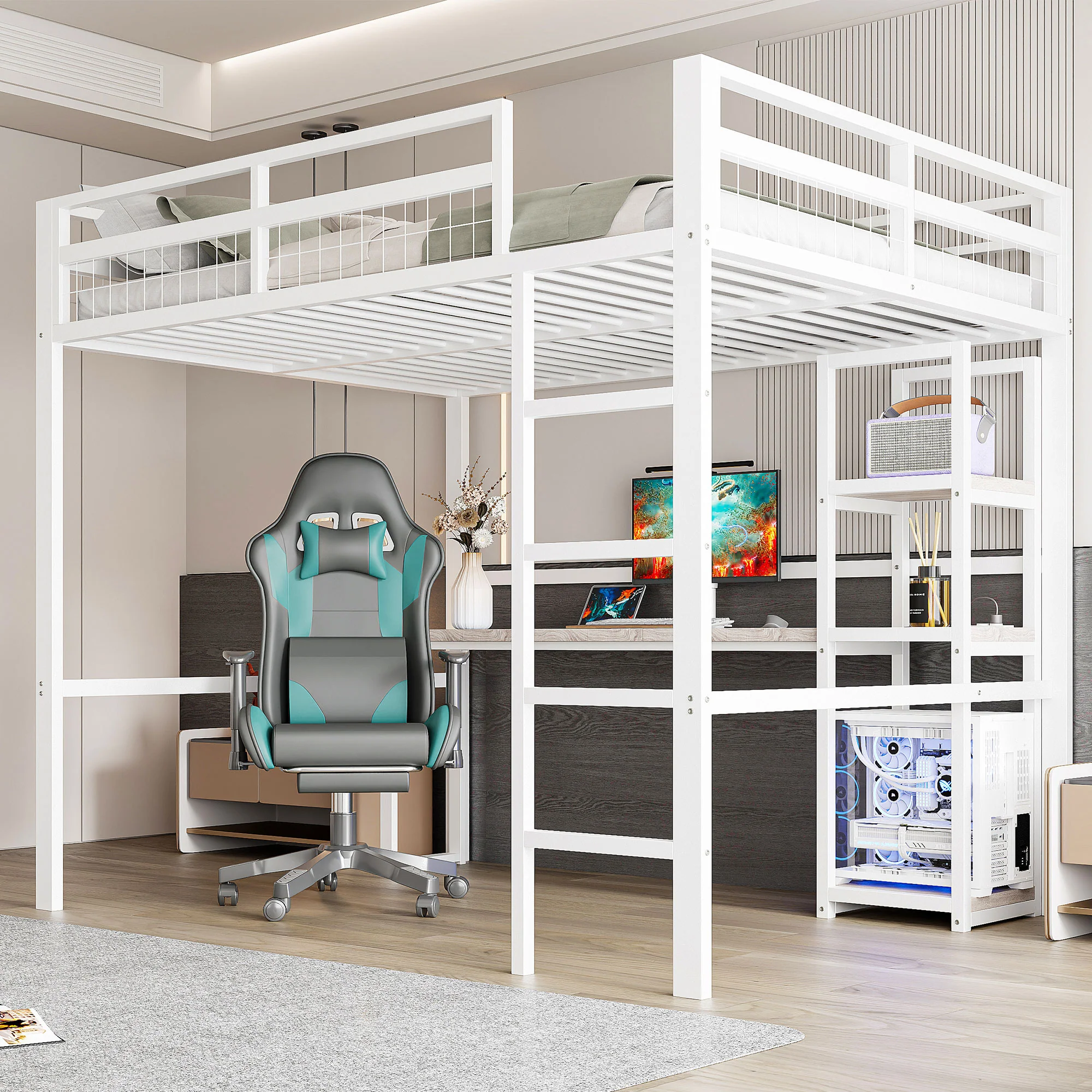 Loft Bed 140x200cm Desk Power/USB-C Shelves Stepladder - White Iron Frame
